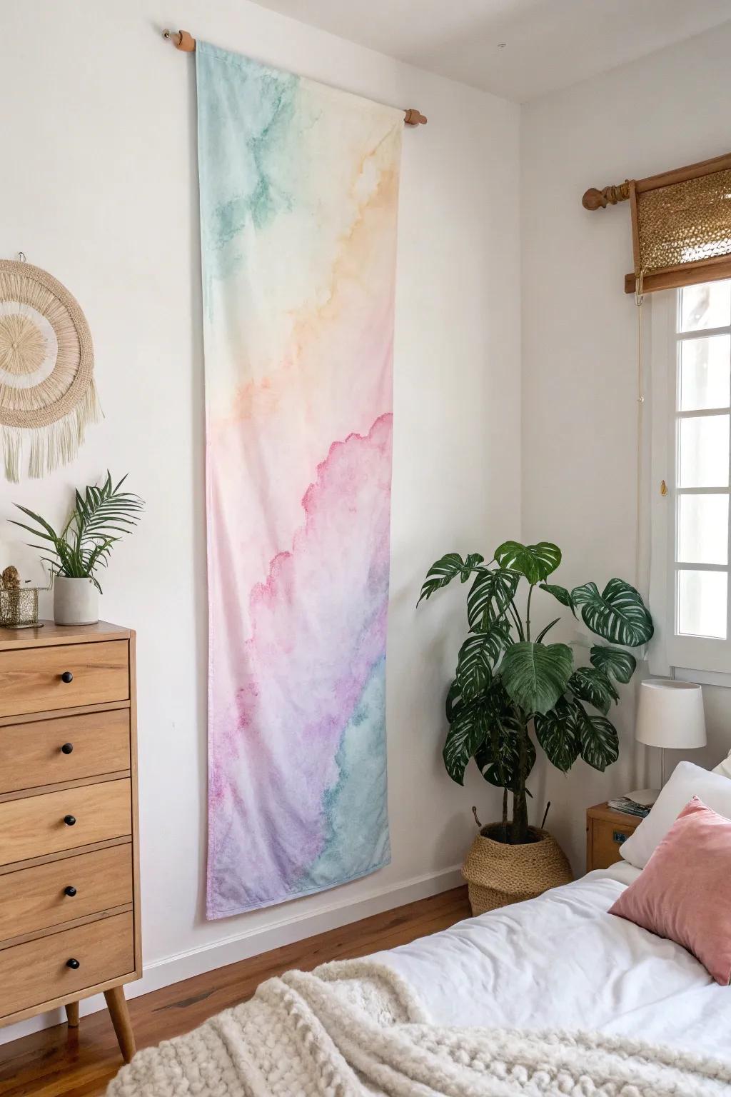 Abstract watercolors create a soothing touch in a bedroom.