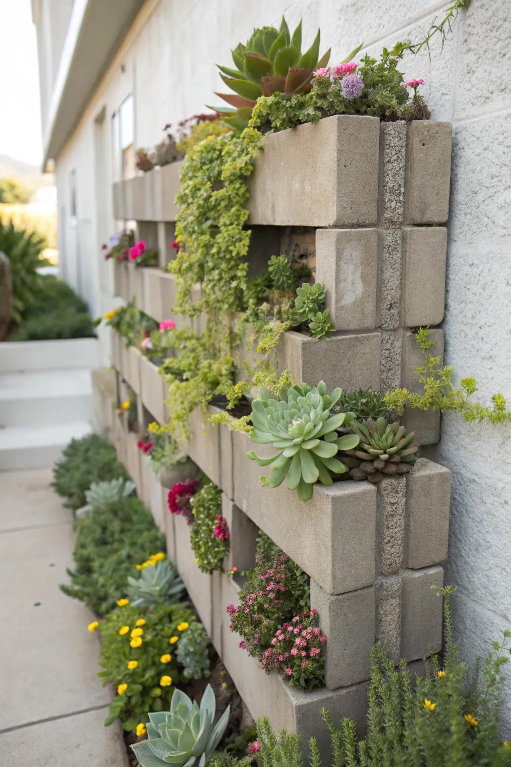 A modern vertical garden employing cinder blocks for succulents.