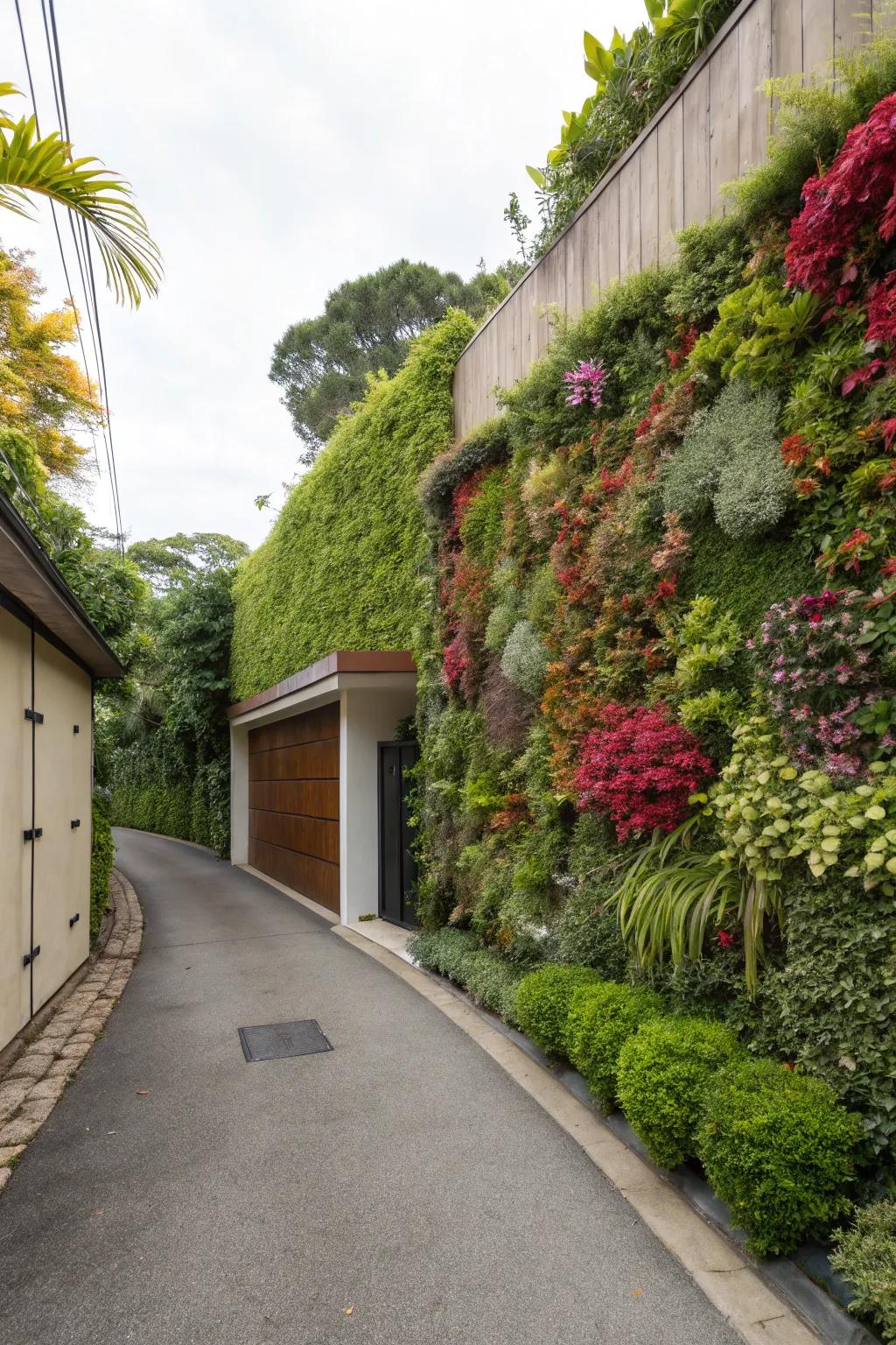 Vertical gardens introduce greenery and conserve area in small driveways.