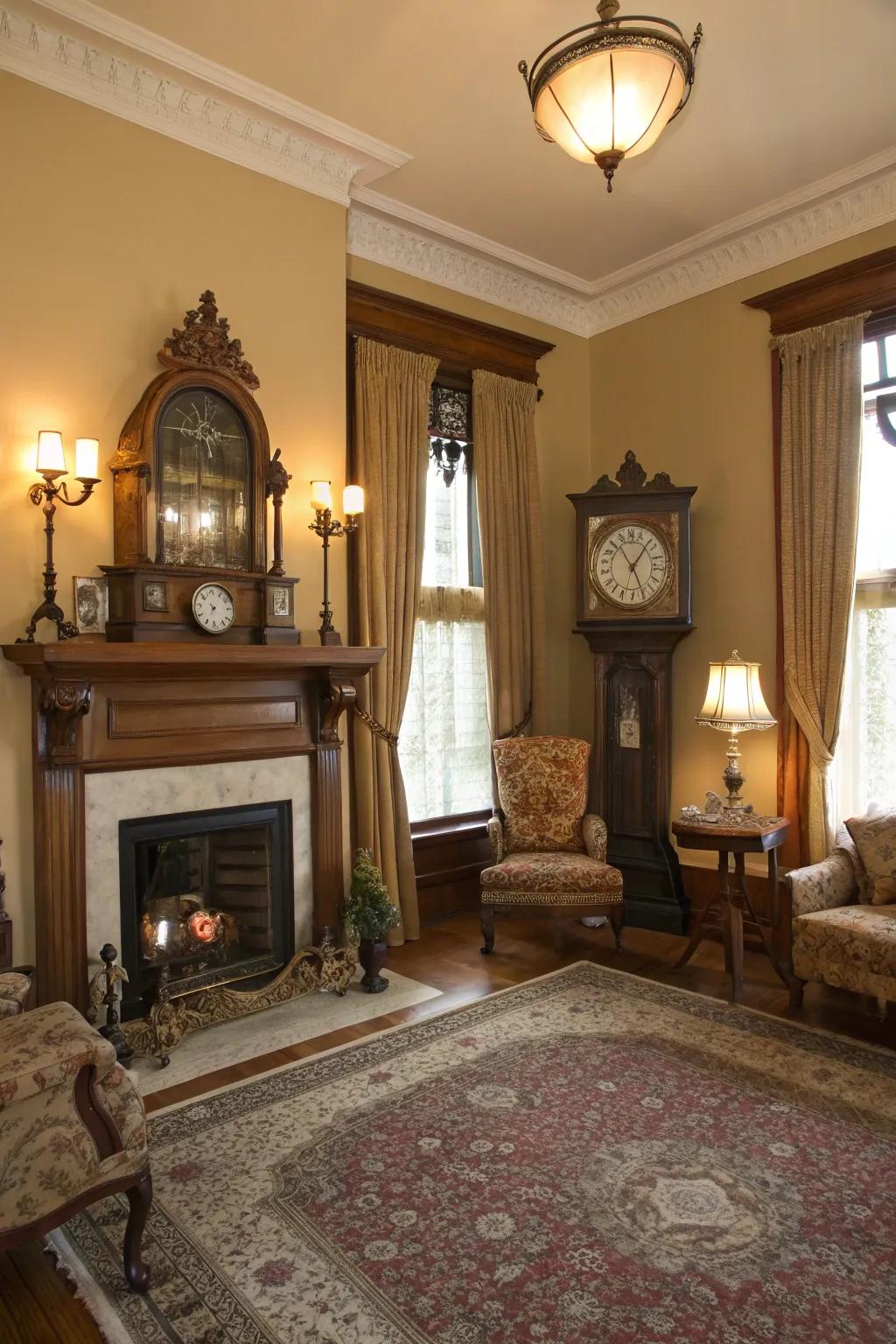 An antique clock introduces ageless charm and functionality to the decor.