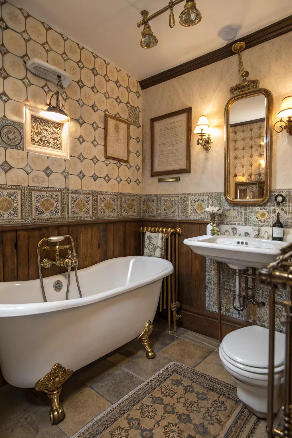 Mixed metals develop a layered and exciting vintage bathroom design.