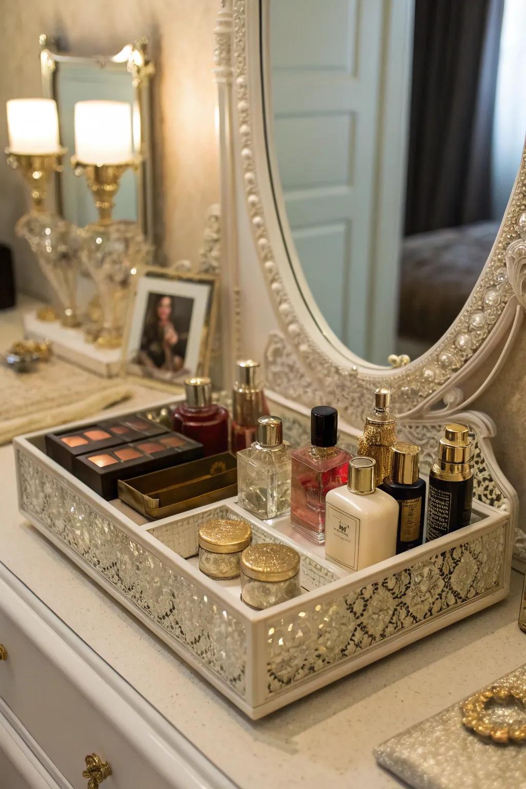 Vintage platters offer elegant organization solutions for your vanity.