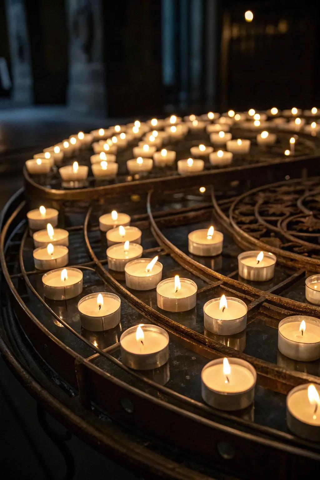 Mirrored surfaces enhance the glow of votive lights.