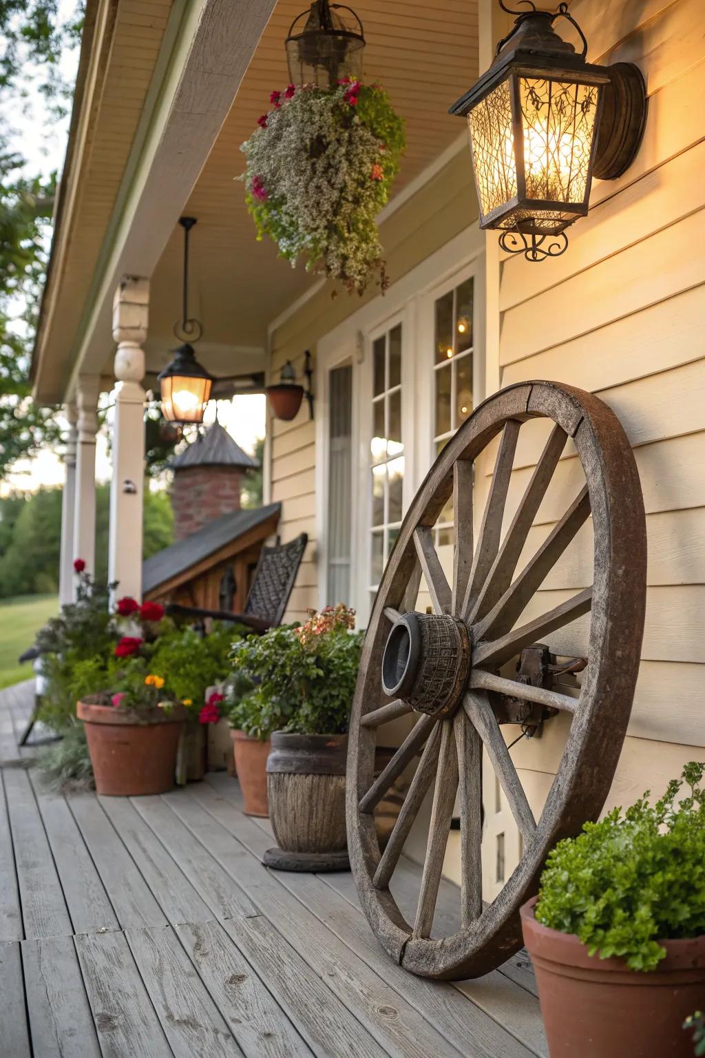 A cart wheel serving as the showpiece of a welcoming front porch arrangement.