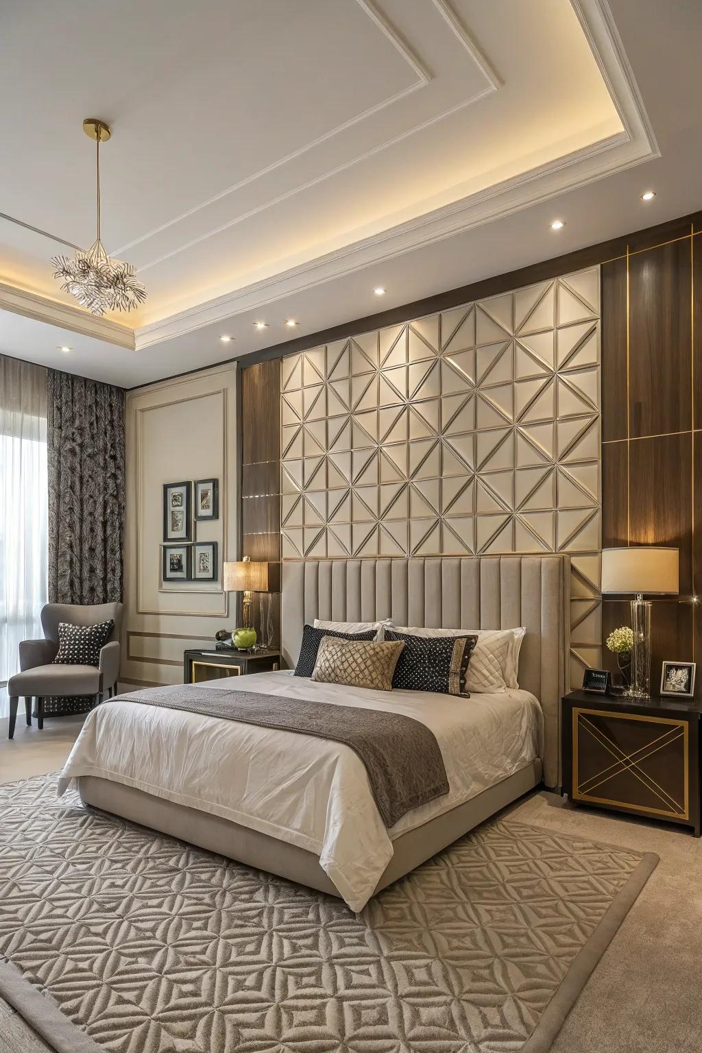Geometric patterns within wainscoting create a daring, artistic expression.