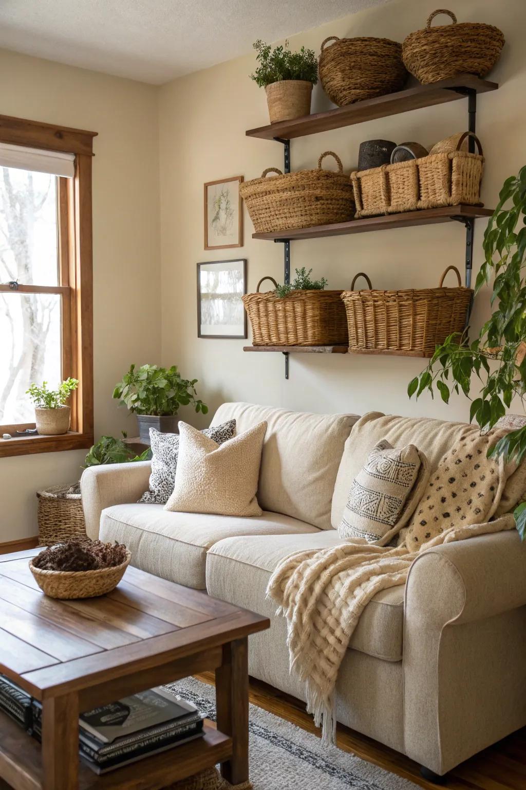 Extend your decor with baskets above furniture.