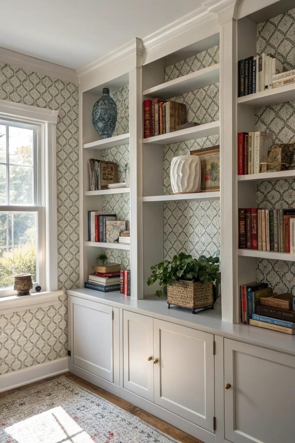 Wallpaper accents add flair and interest to your bookshelves.
