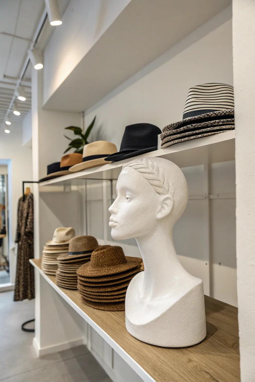 A minimalist hat display featuring stacked hats