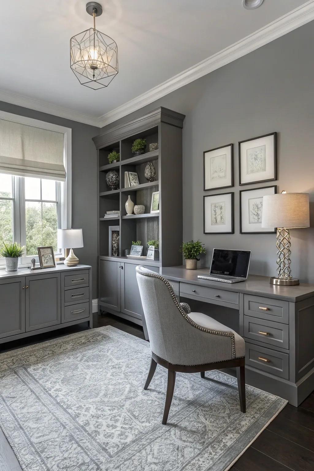 A monochromatic gray scheme in a sophisticated home office.