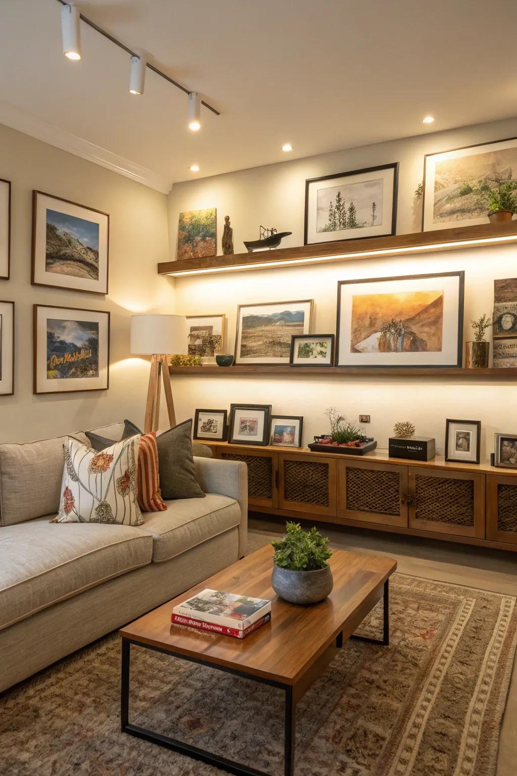 Display shelves provide flexibility for consistently evolving art displays.