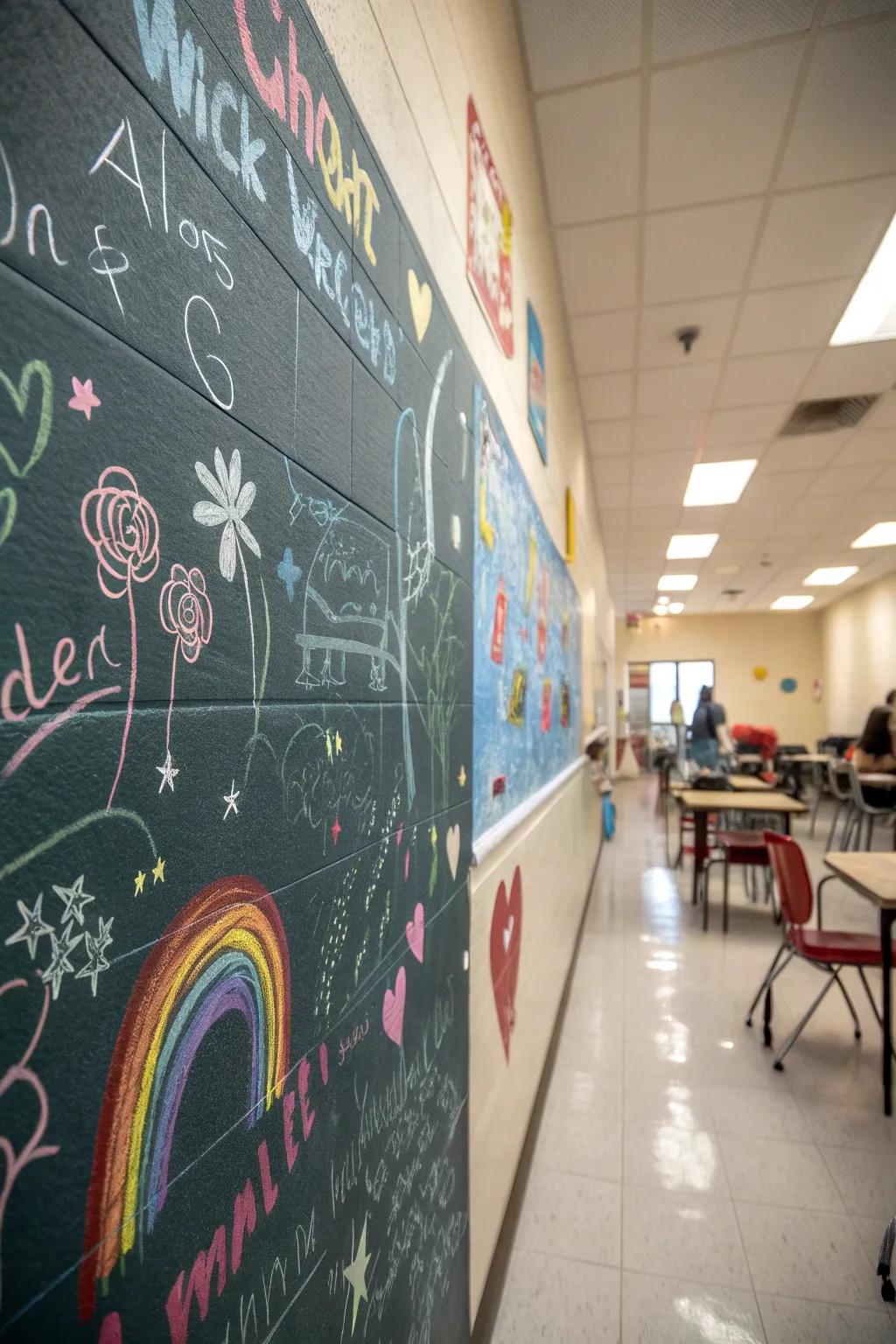 Chalkboard paint wall covered with student drawings