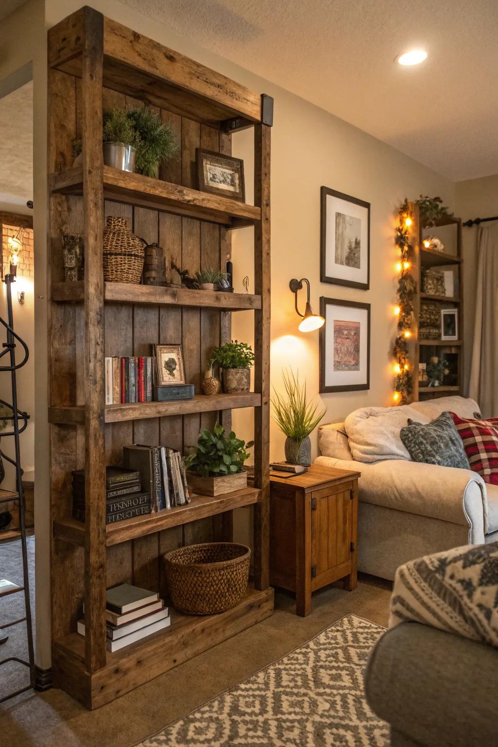 Evoke comfort through country-inspired timber shelves.
