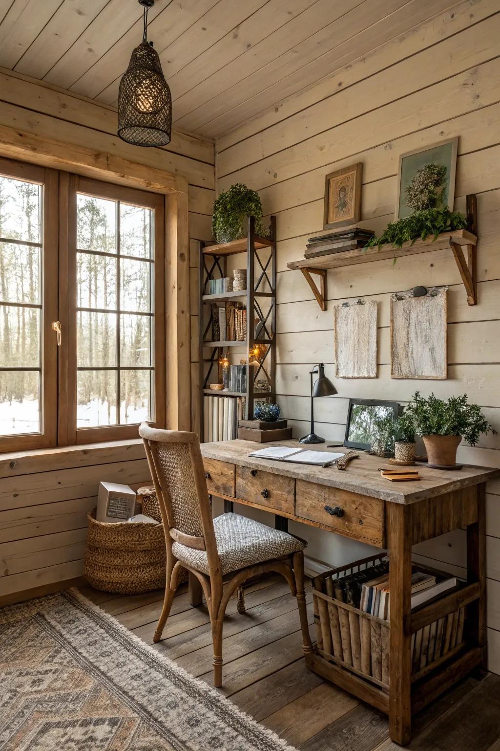 Lined walls bring a rustic touch to this home office.