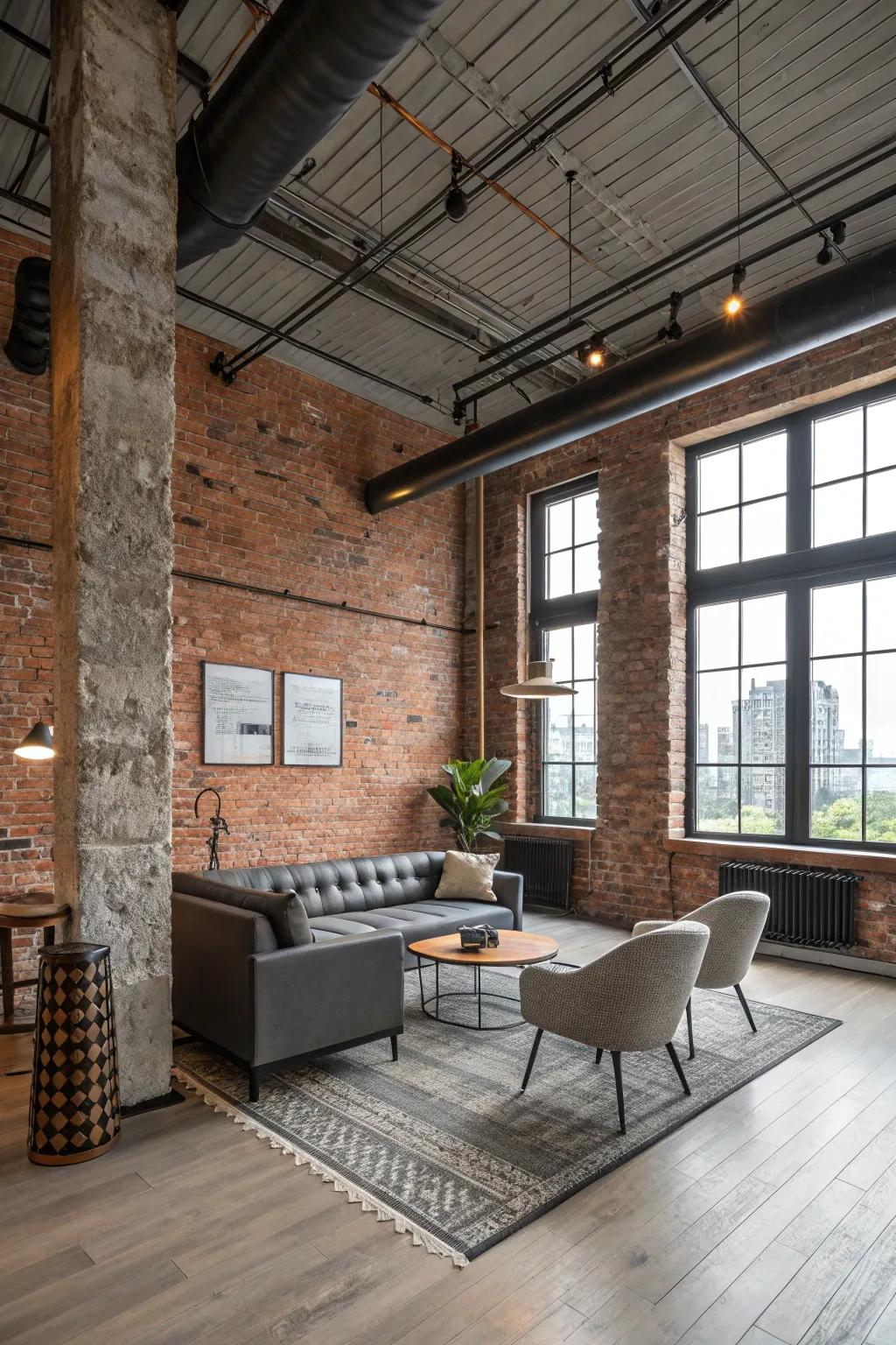 Industrial wallpaper contributes an unrefined and edgy sensation to loft spaces.