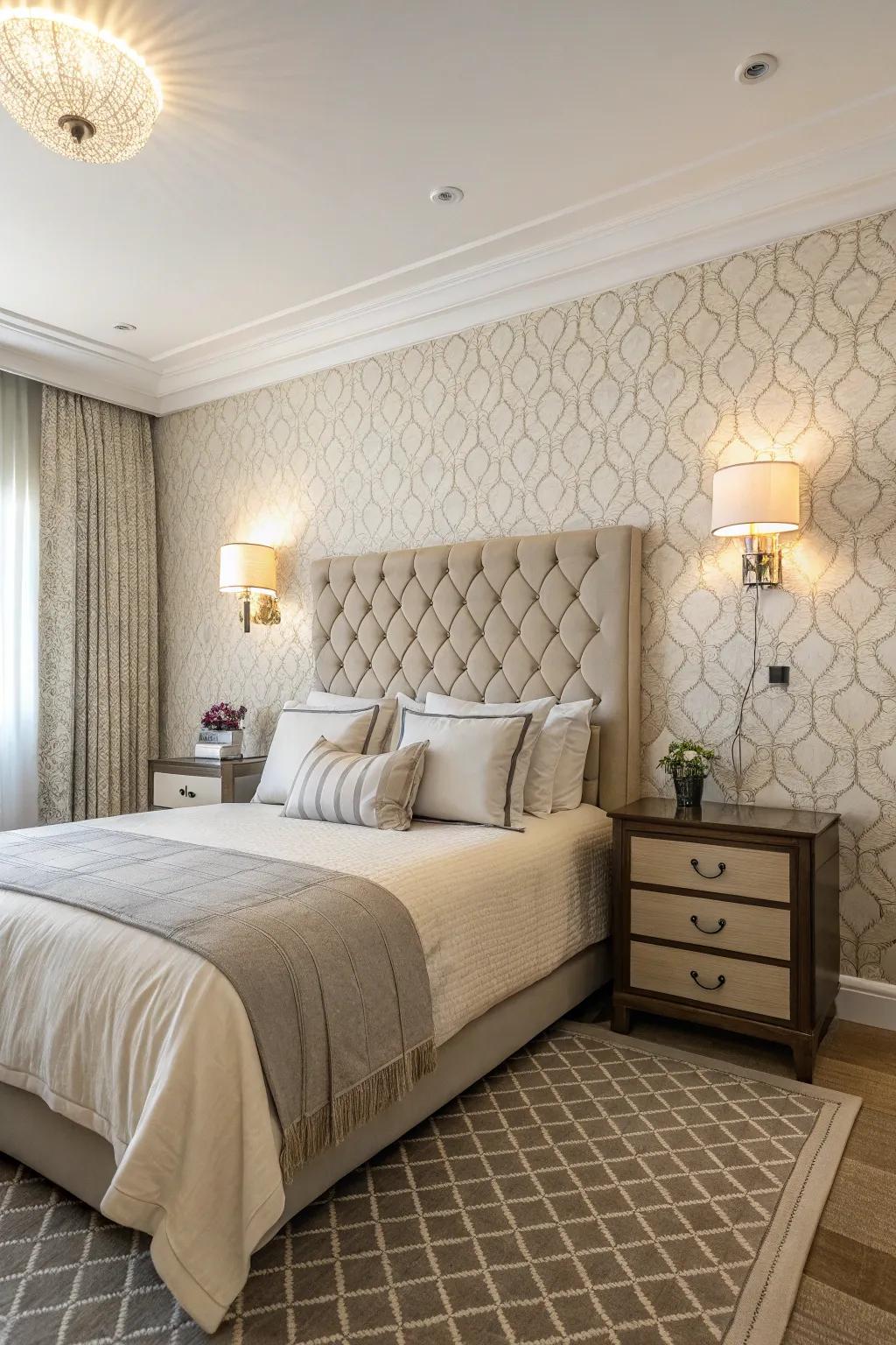 Wallcovering backdrops unite bedroom elements such as shelves and bedside tables.
