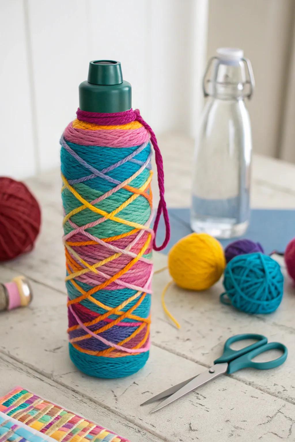 A spirited hydration bottle encased in vivid filament.