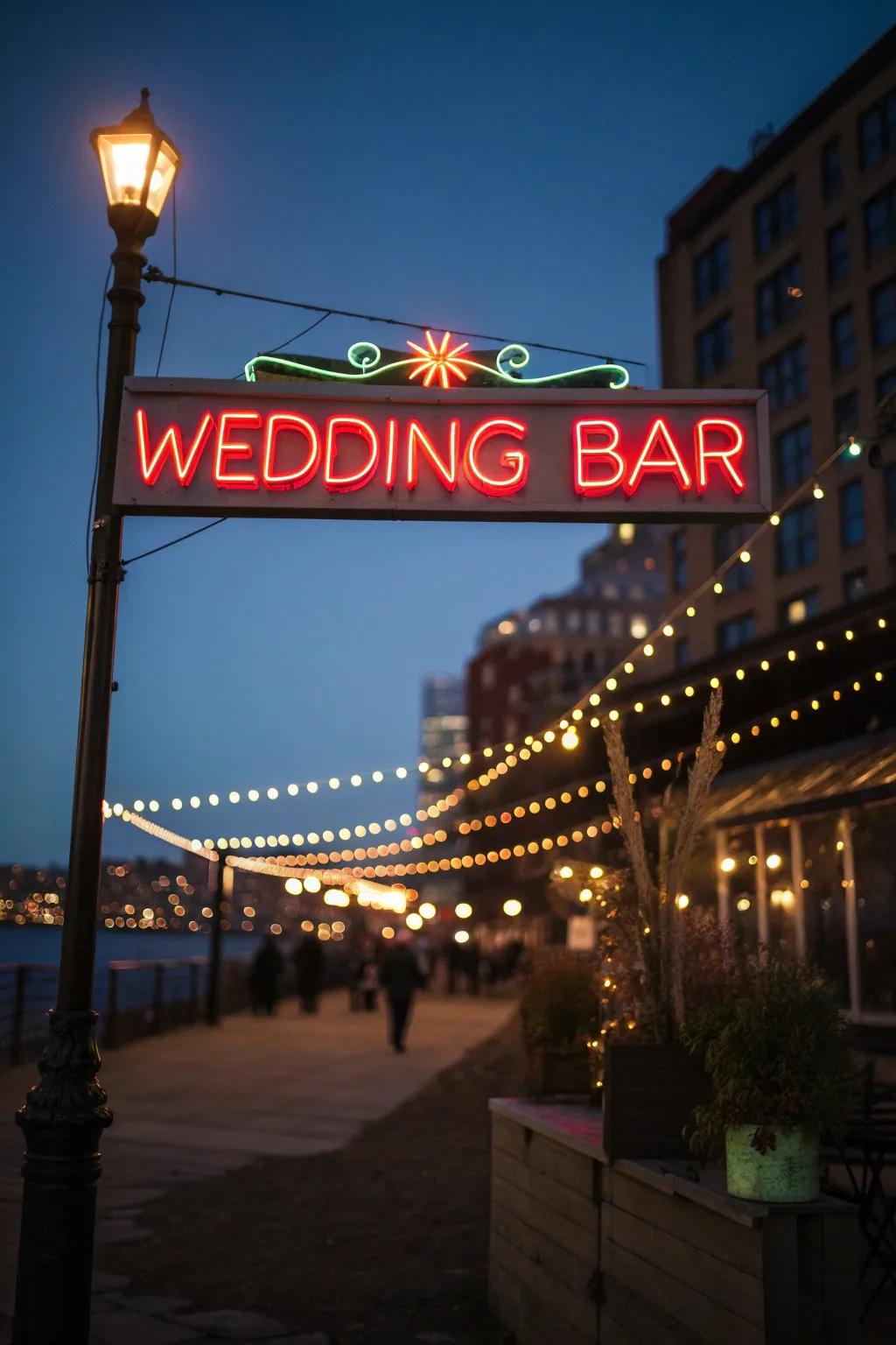 A vibrant sparkling light bar sign glowing at night.