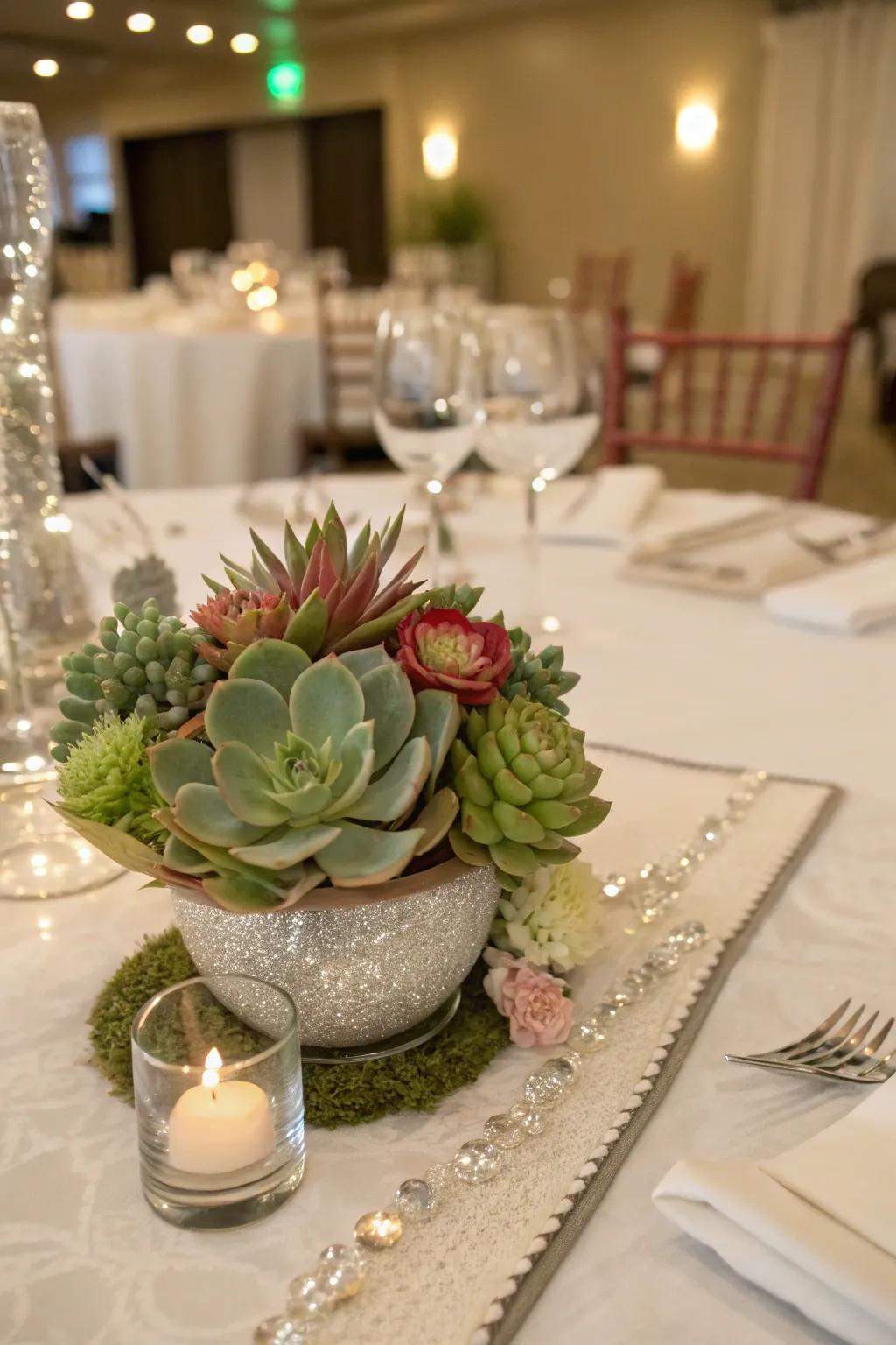 Succulents provide a trendy and eco-conscious centerpiece.