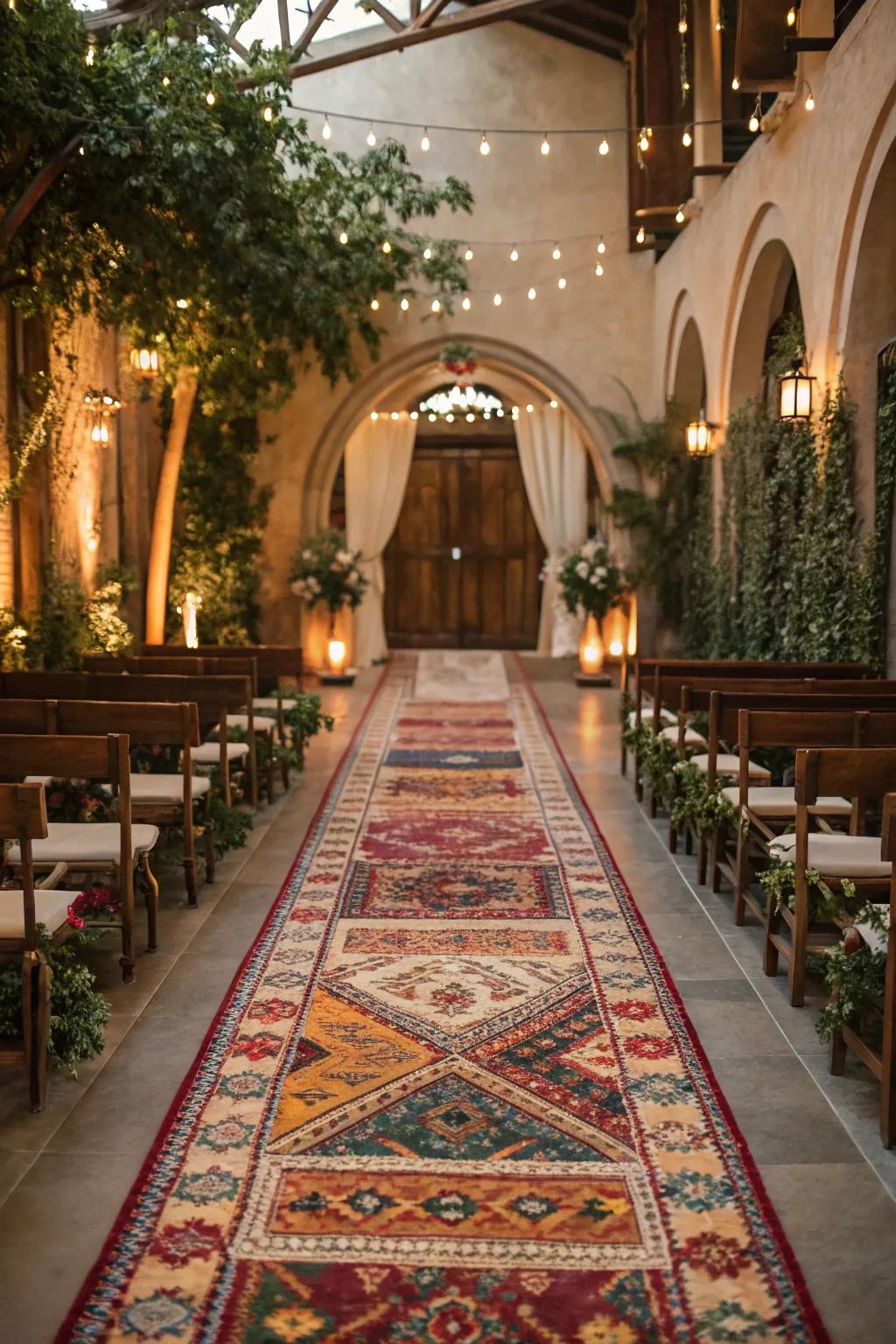 A wedding aisle decorated with antique rugs, which adds a boho chic touch to the ceremony.