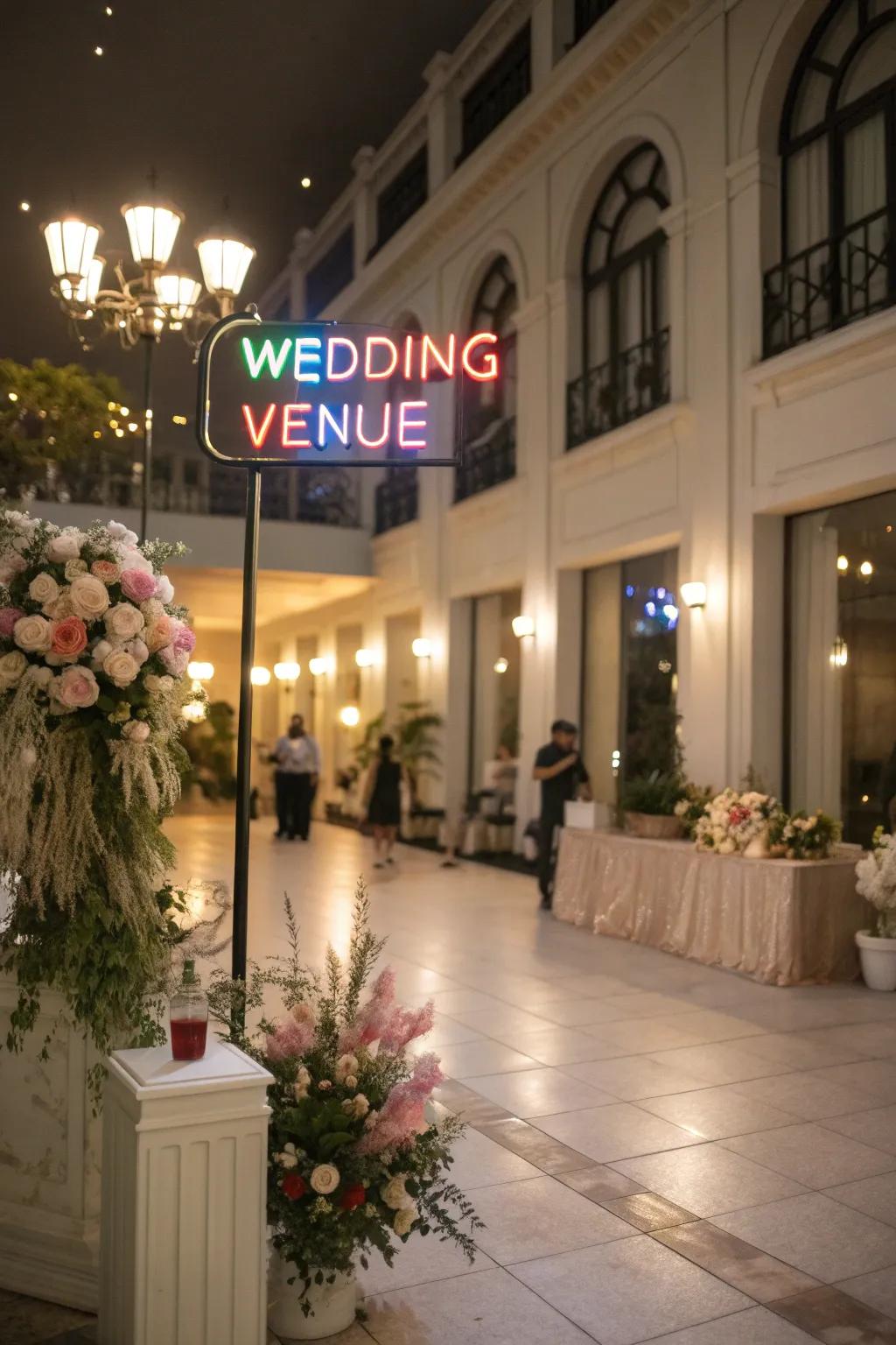 A striking luminescent marker introduces a modern flair to any wedding.