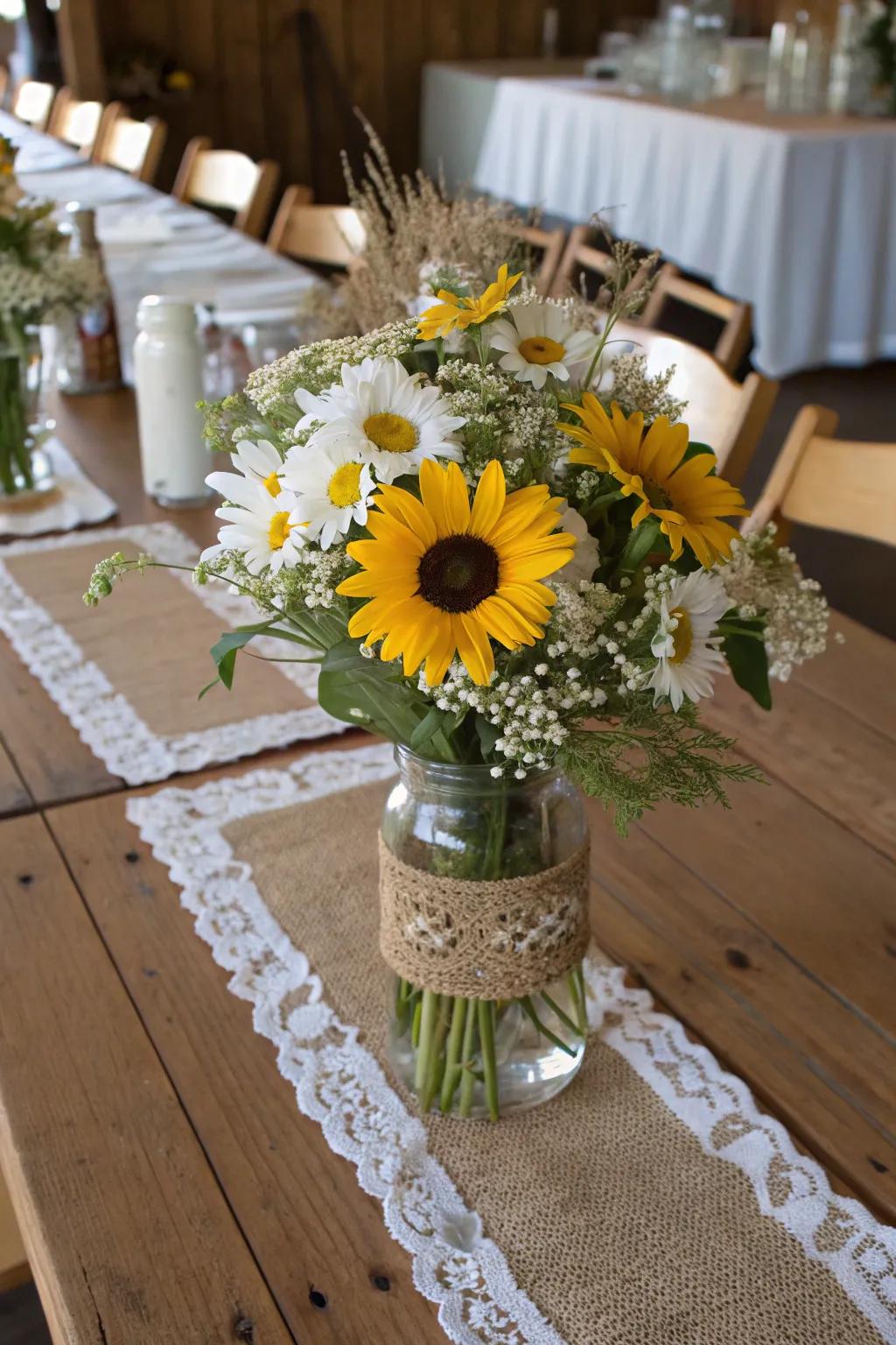 Rustic barn style with daisies and sunflowers