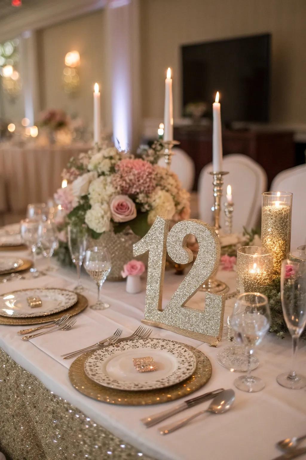 Glittery numbers give your wedding d&eacute;cor a hint of glamour.