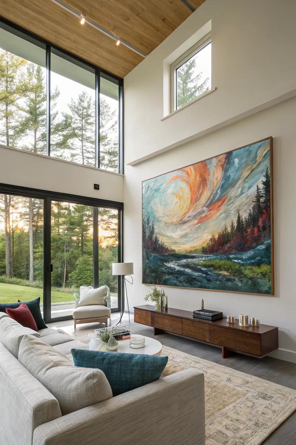 An abstract nature painting conveying a fusion of styles into a modern living space.