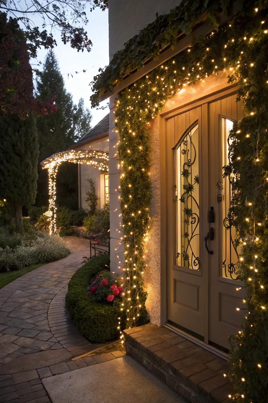 Twinkle lights craft a magical welcome.