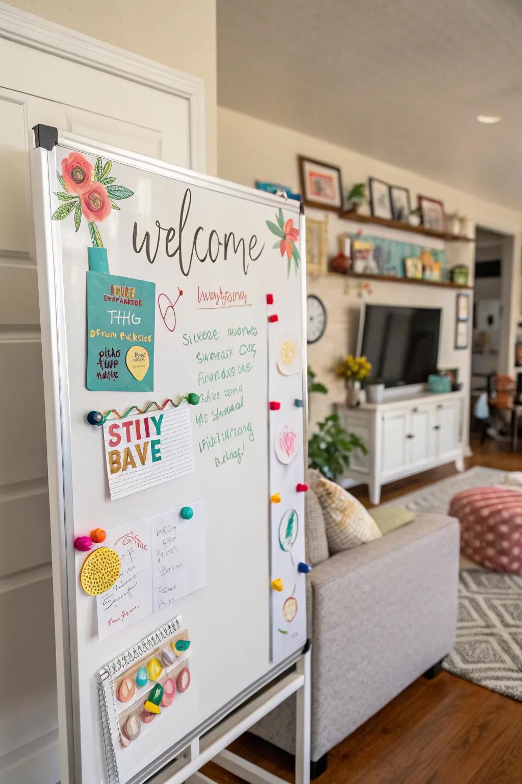 Handmade magnets for a customizable display board welcome display.