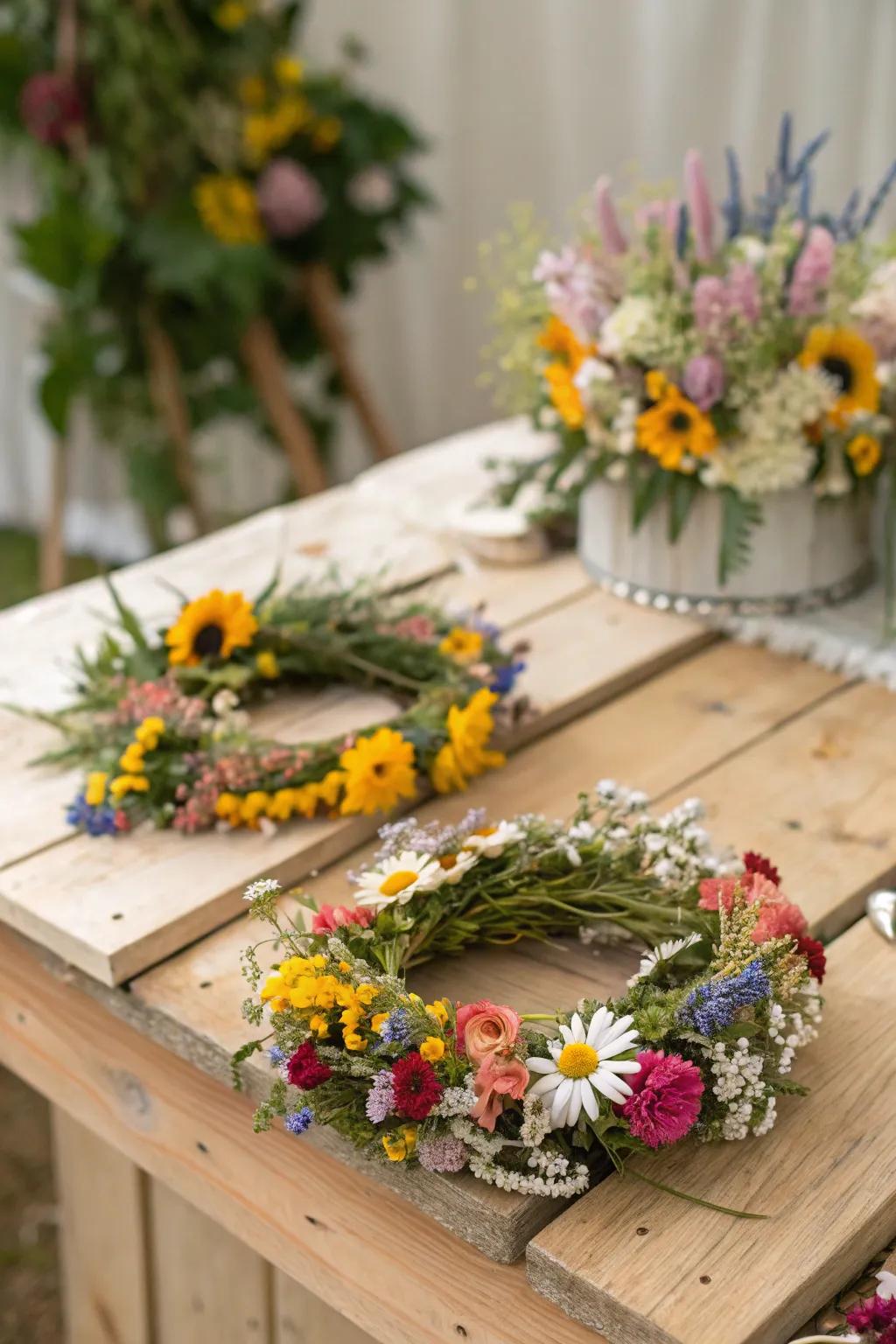 Floral garlands add a whimsical touch to the event.