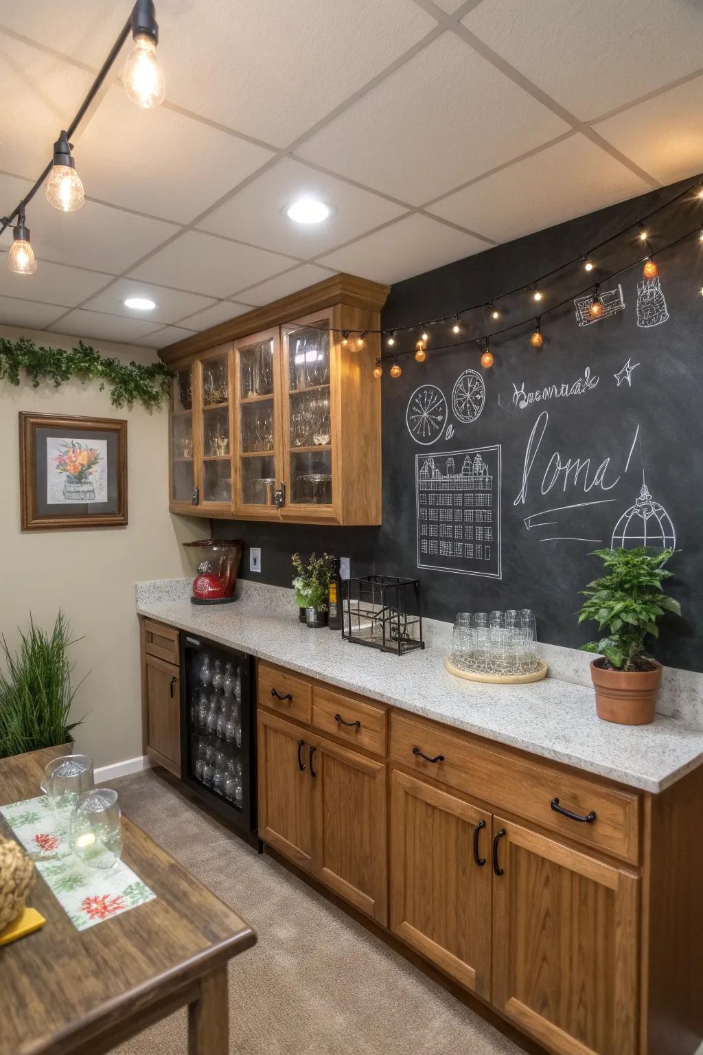 A drawing board wall makes your wet bar interactive and fun for guests.