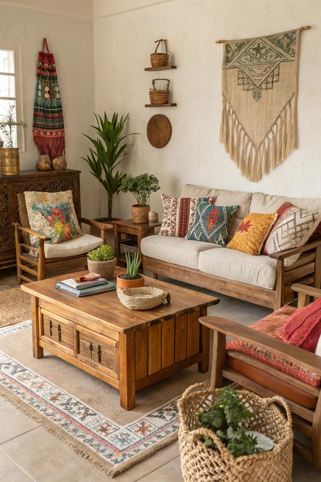 Living space with timber furnishings and boho aspects.