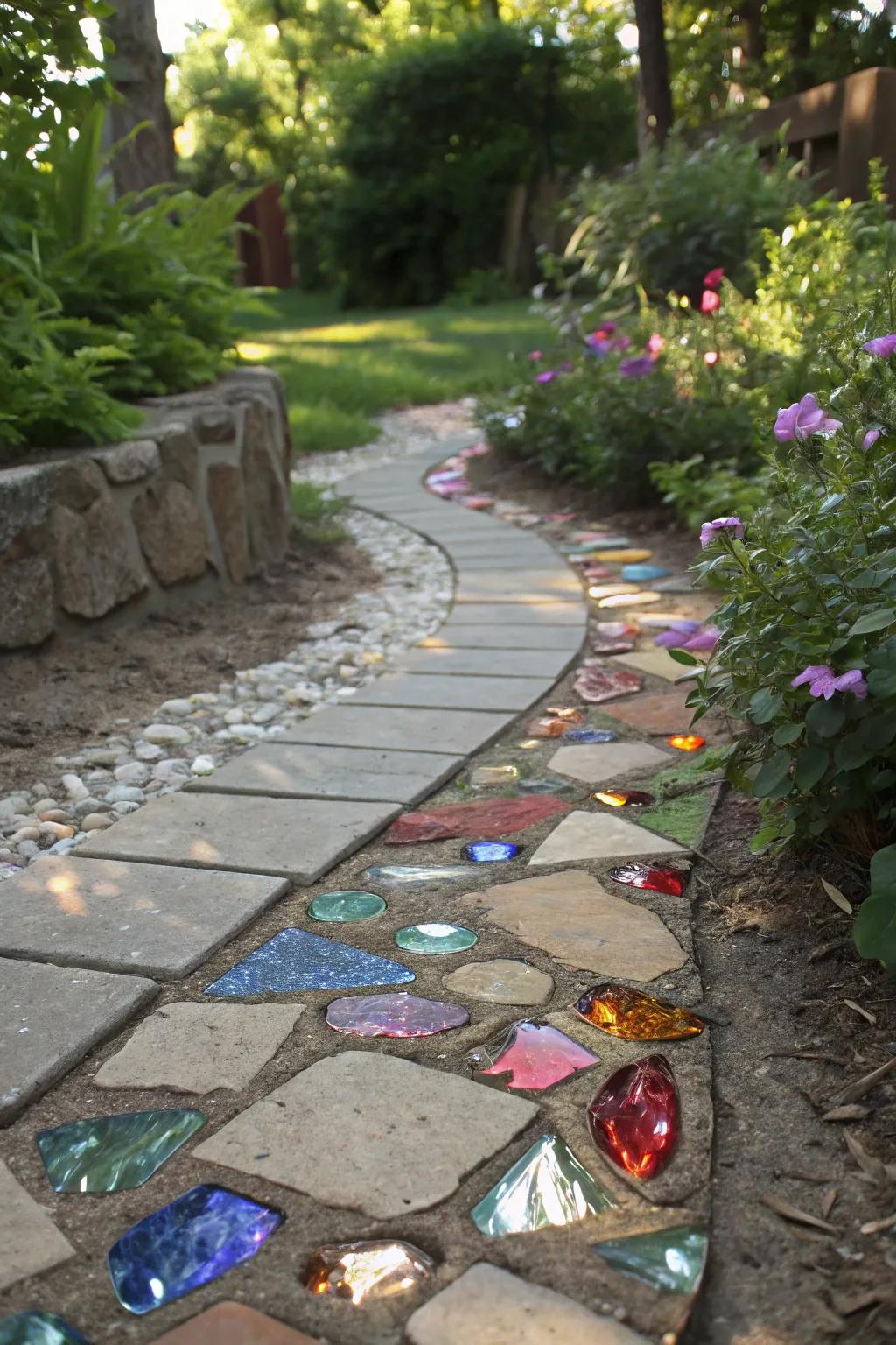 Recycled glass adding sparkle and sustainability to paver paths.