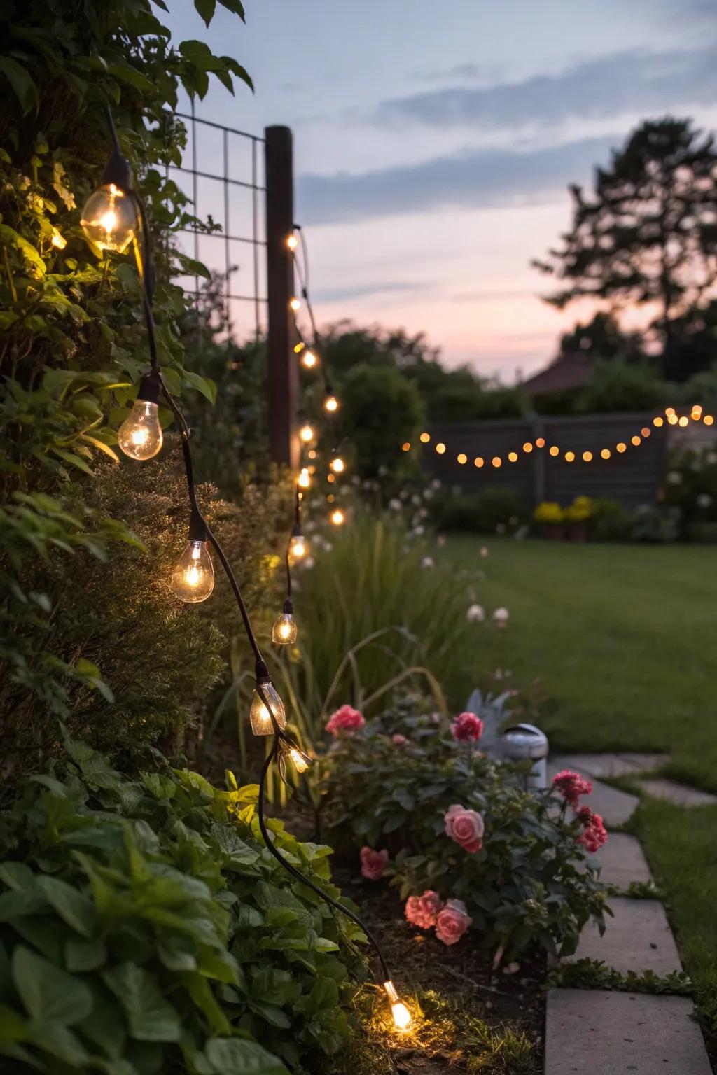 Pixie lights contribute a magical shine to green spaces during twilight.