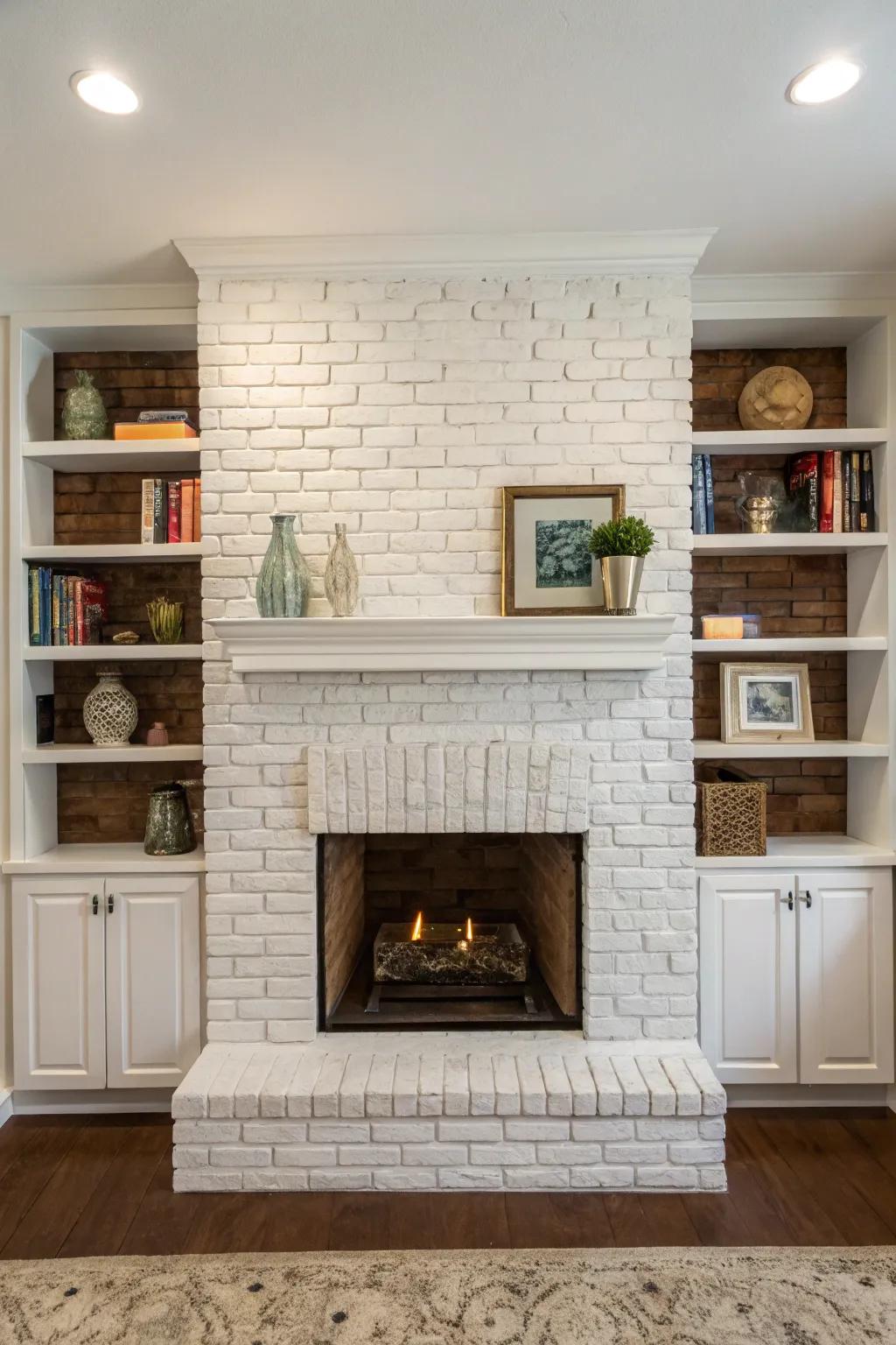Attached shelves offer storage and style around the fireplace.