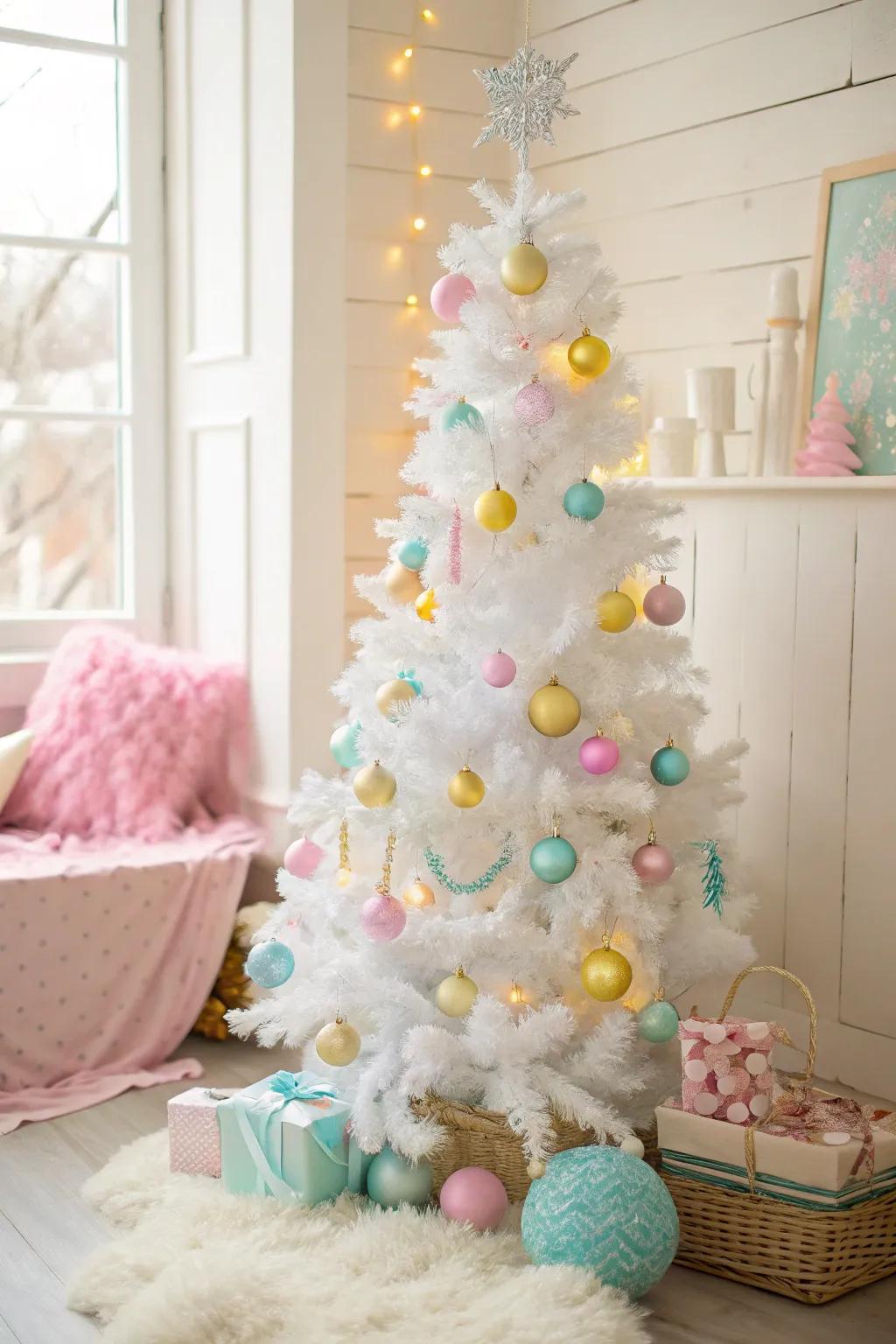 Lively pastels cultivating a dreamy aesthetic on a white Christmas tree.