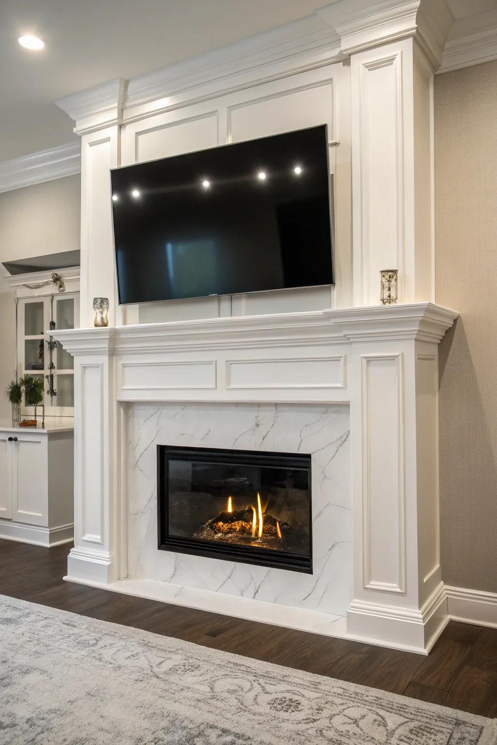 A modern integration of a TV above a white fireplace offers seamless entertainment.