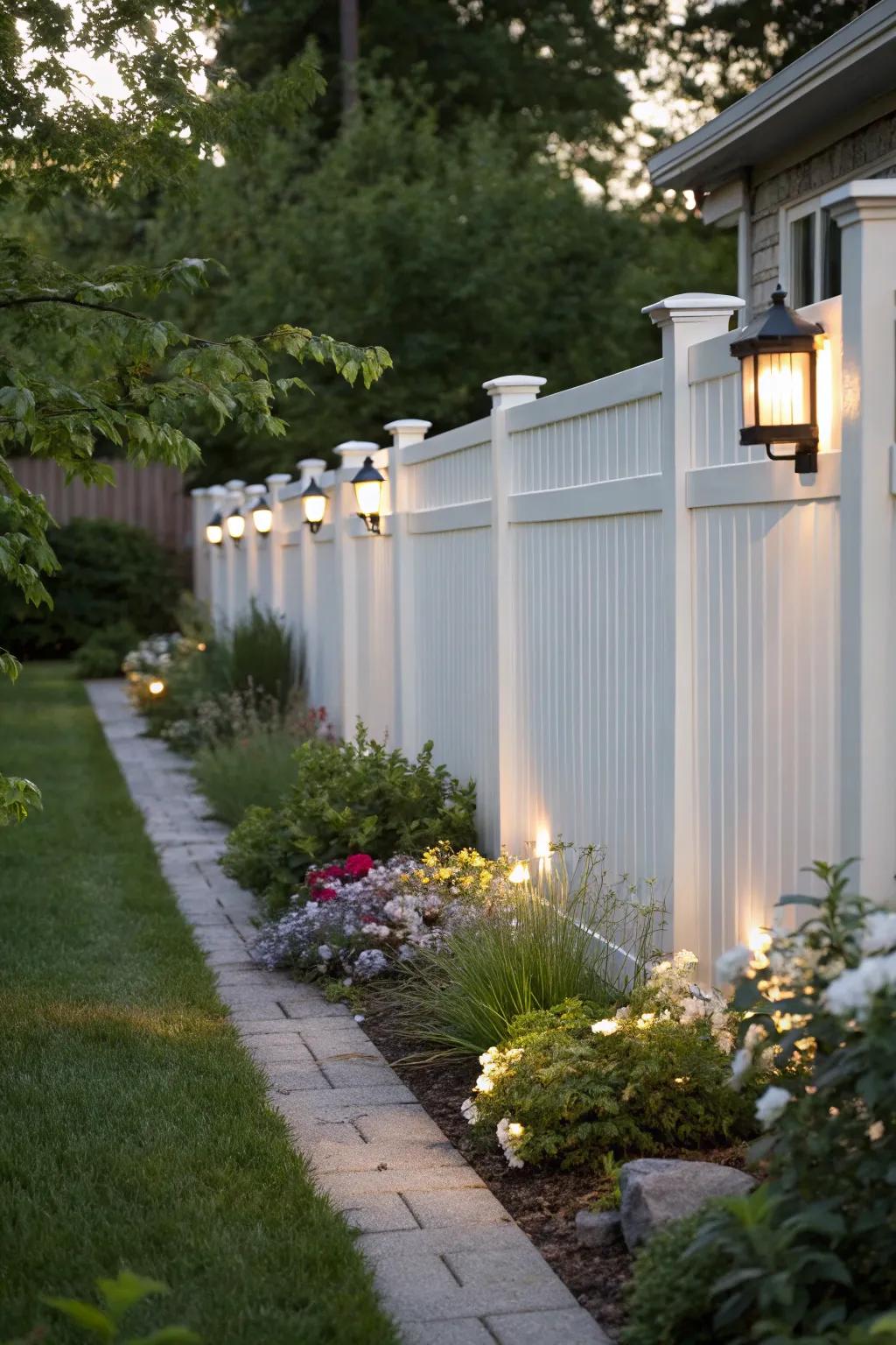 Built-in lights on a white fence create a magical evening ambiance.