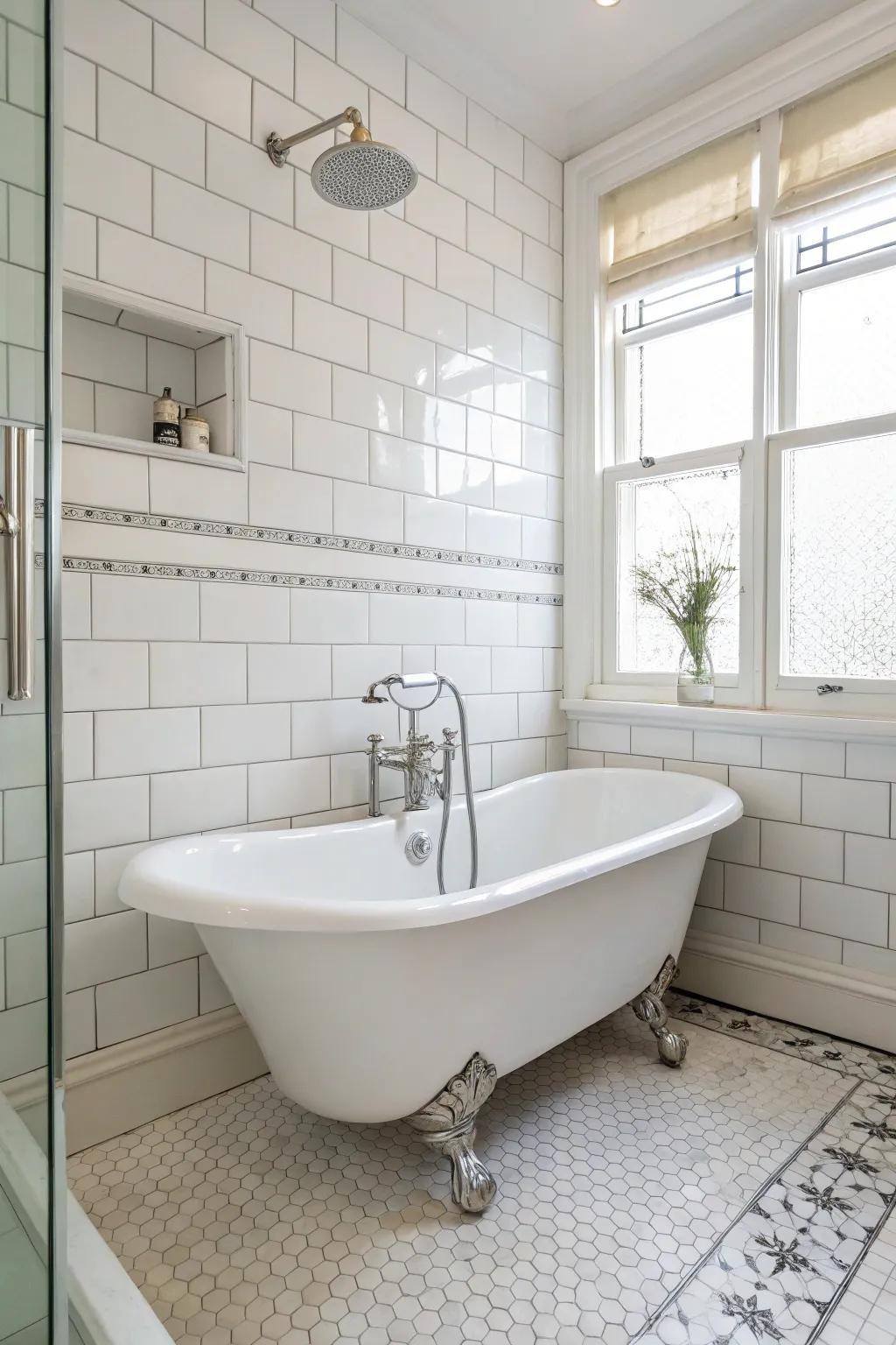 A vintage roll-top tub in a white shower room.