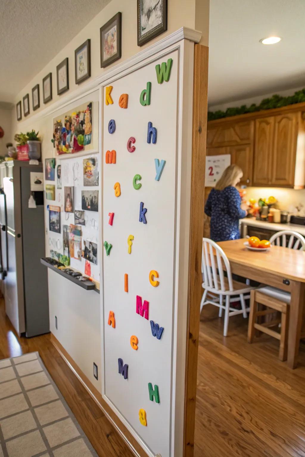 Magnetic letters add a playful touch to the whiteboard.