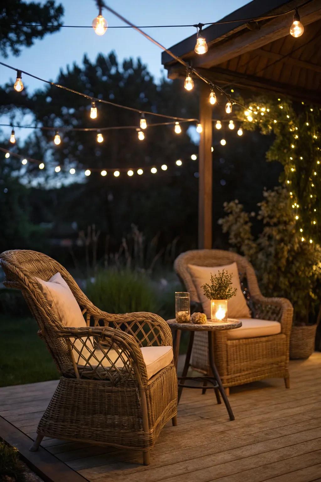 Enchanting evening ambiance enhanced by fairy lights.