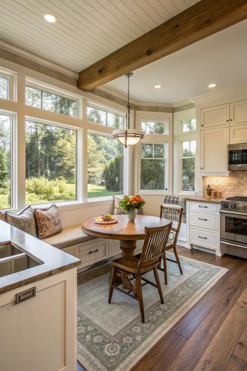 A comfortable corner contributing warmth to a wide galley kitchen.