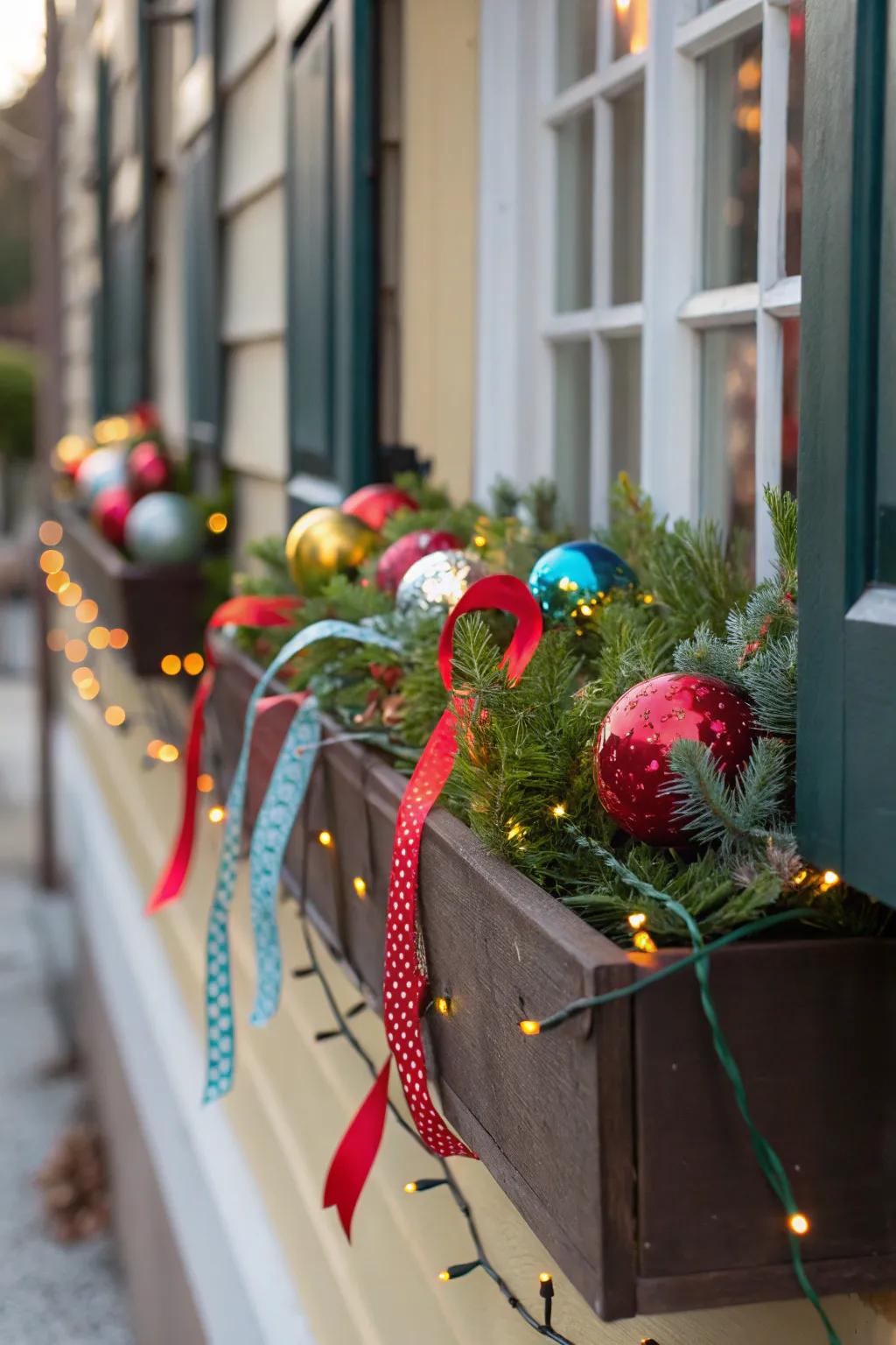 Holiday cheer featuring festive decorations in a window box