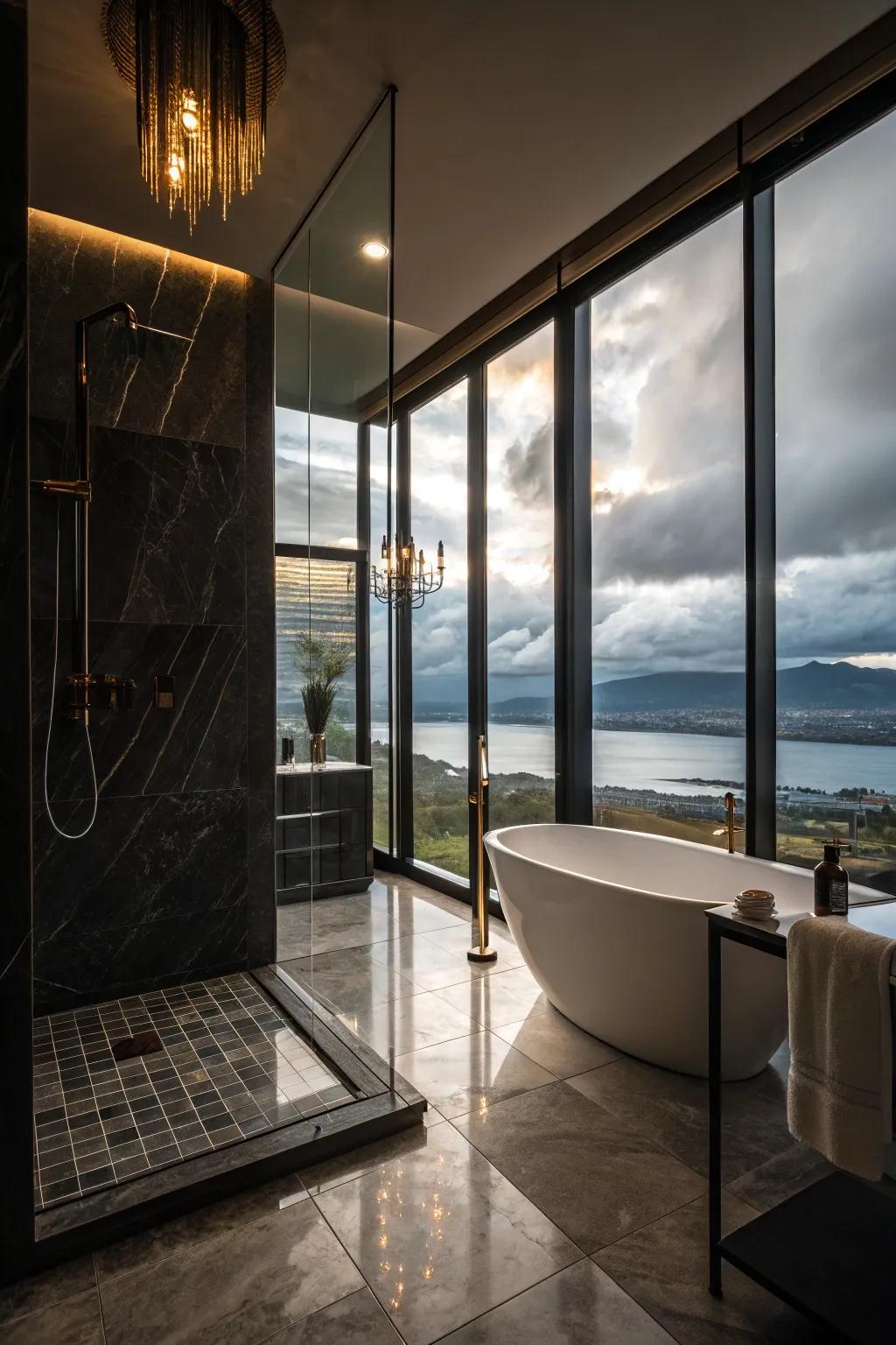 Vertical windows make a dramatic statement in the shower.