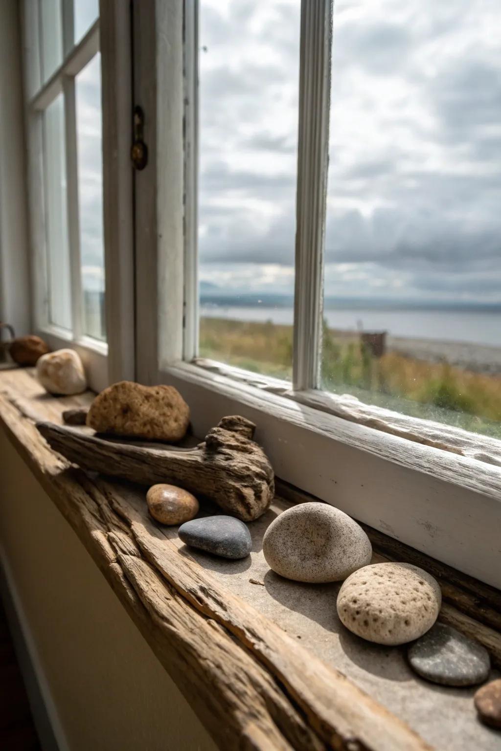 The use of nature-inspired elements, like stones and driftwood, on a windowsill enhances its appeal.