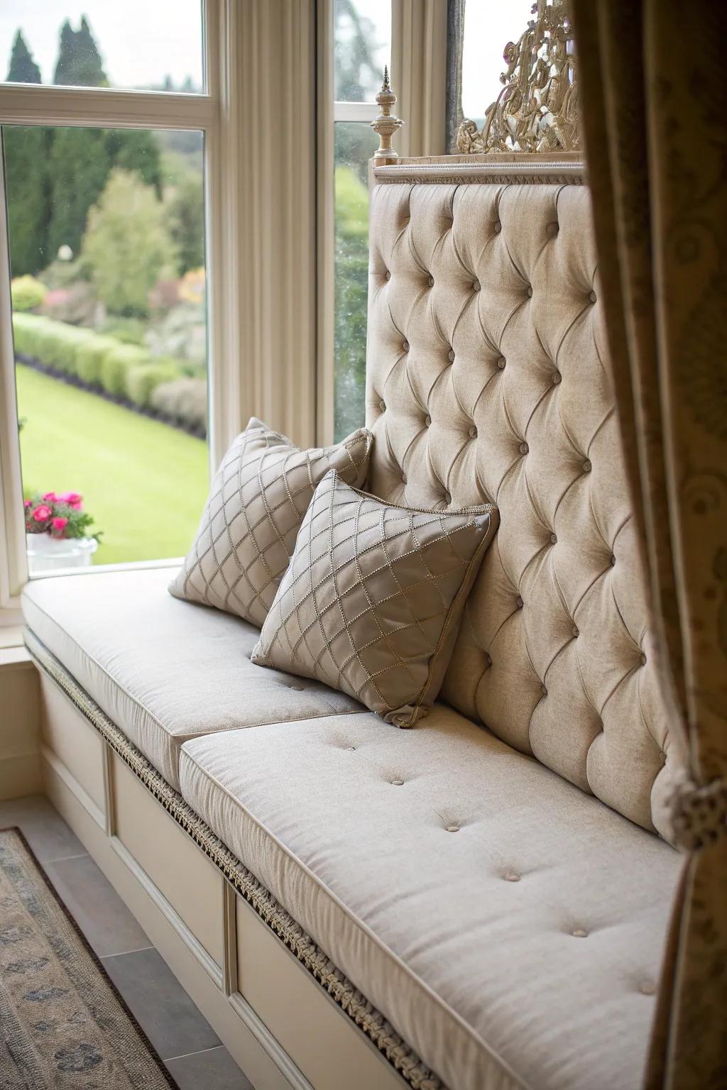 A headboard gives elegance and comfort to your window seat.