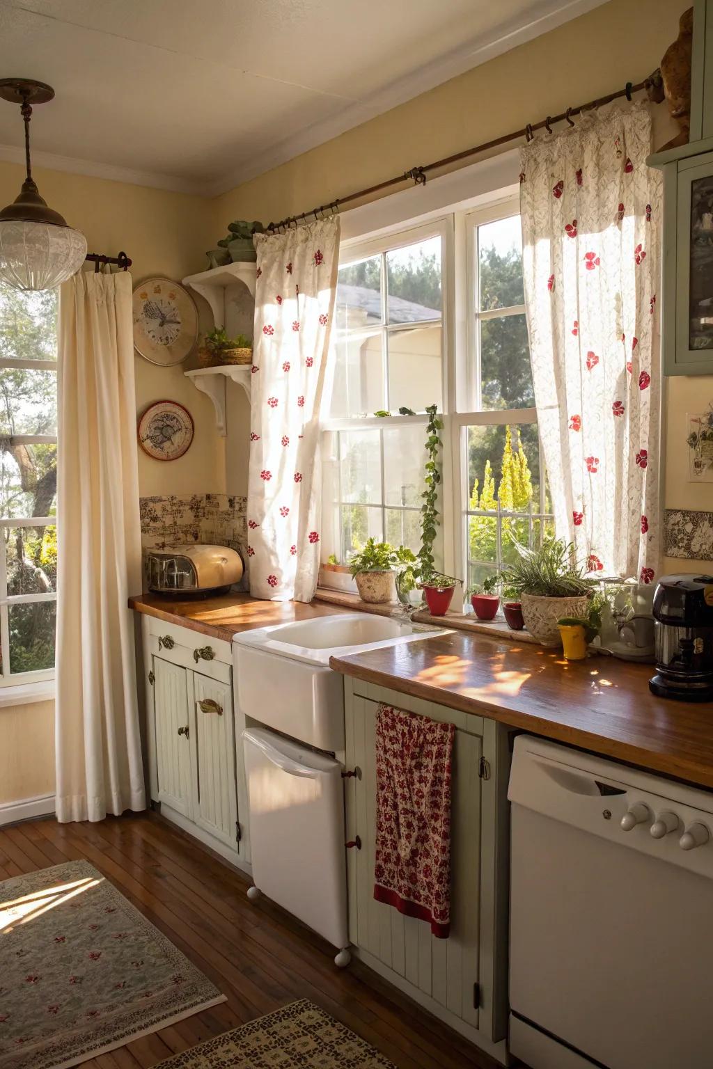 Add charm and privacy with cheerful short curtains.