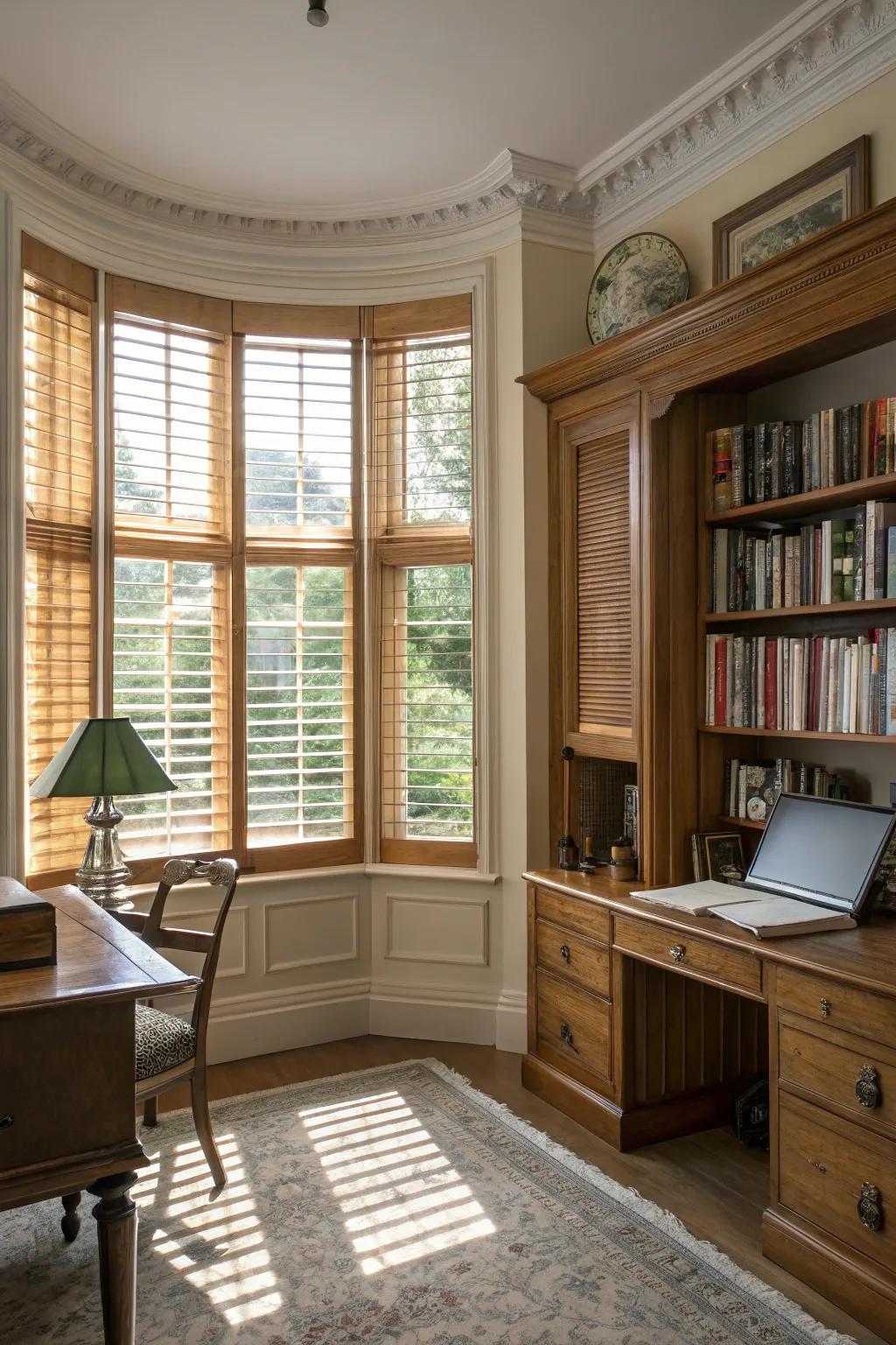 Bespoke louvered blinds provide lasting elegance.