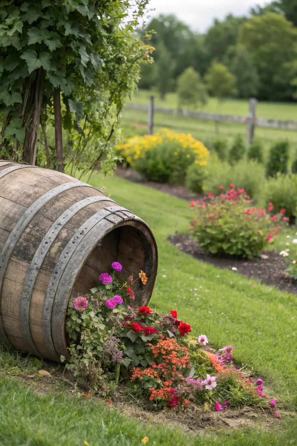 A playful tipped barrel spilling flowers.