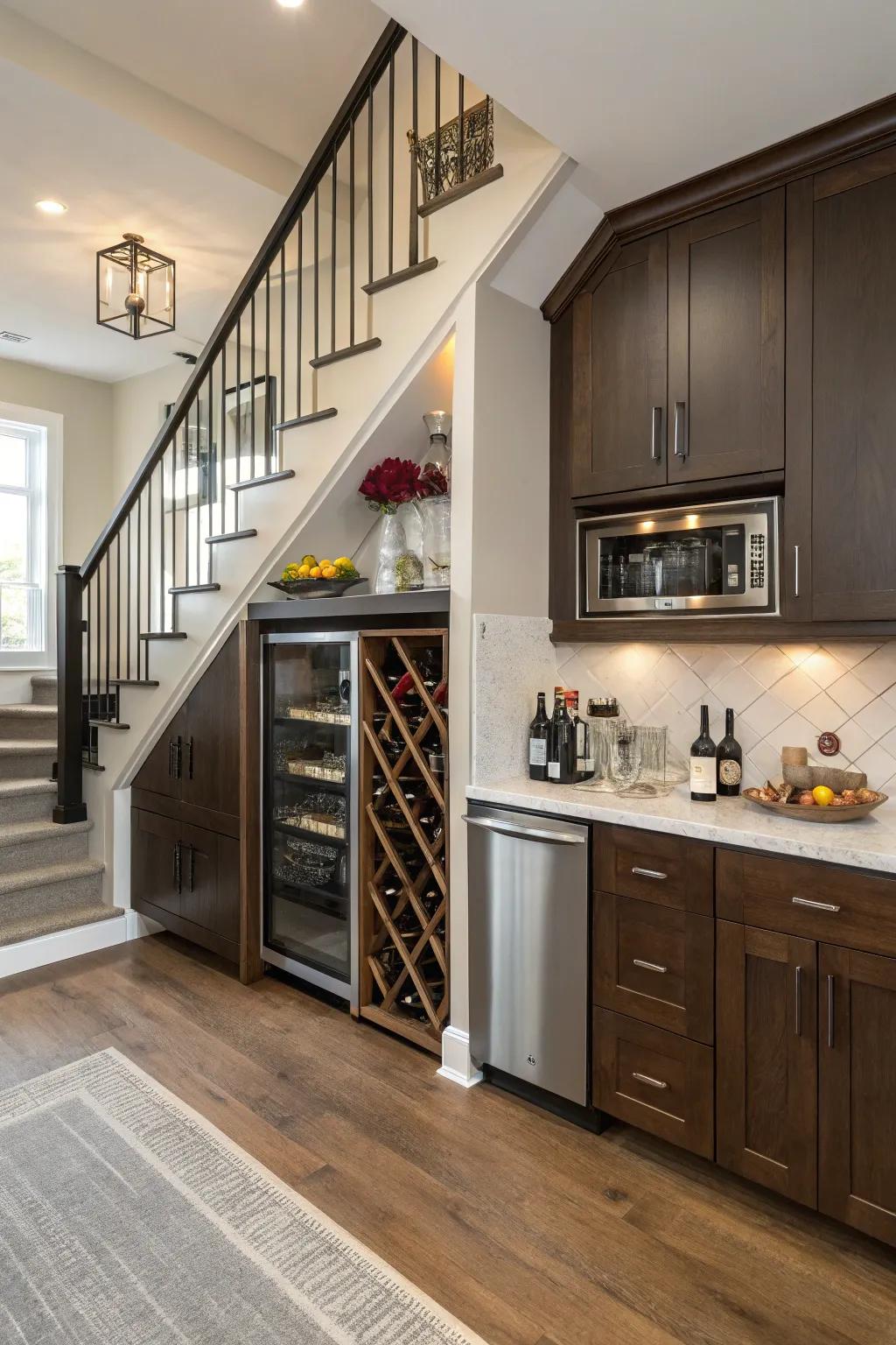 An under-stair wine spot turns unused space into an eye-catching feature.